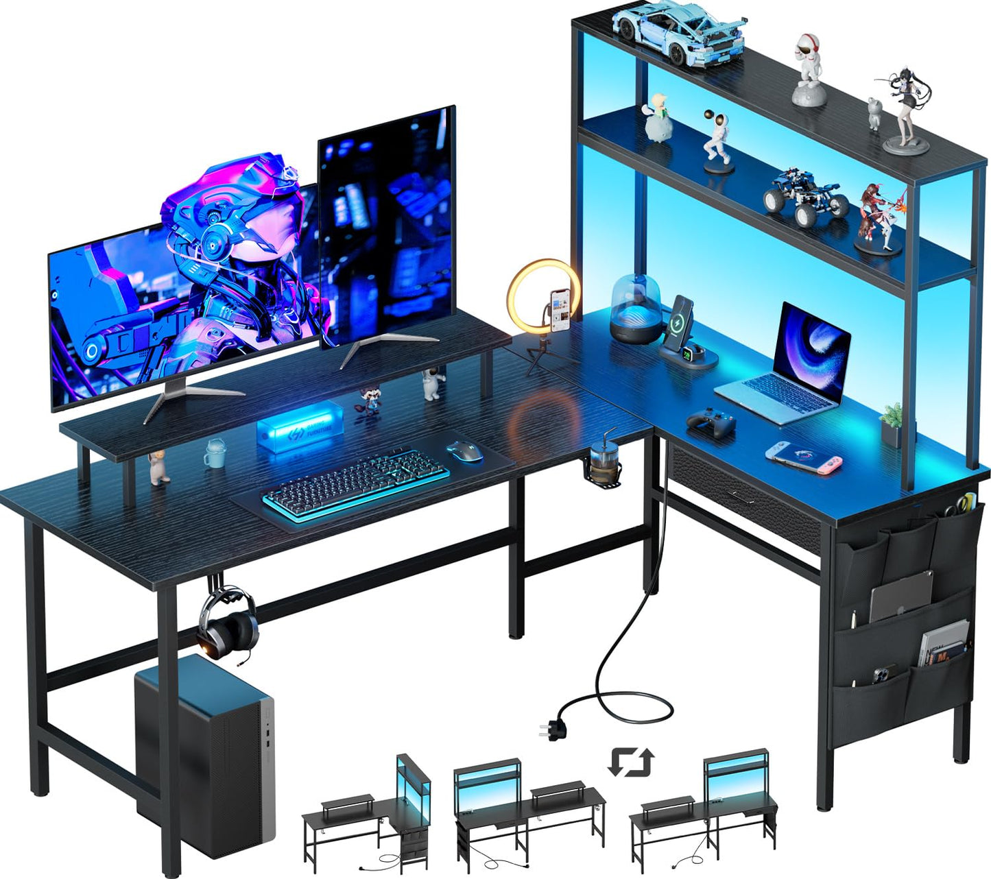 Gaming Table with LED, 150 x 100 cm Corner Desk with 3 Sockets and 2 USB, Reversible Gaming Desk L Shape, Computer Desk with Monitor Stand and Countertop Shelf, Carbon Fibre Black