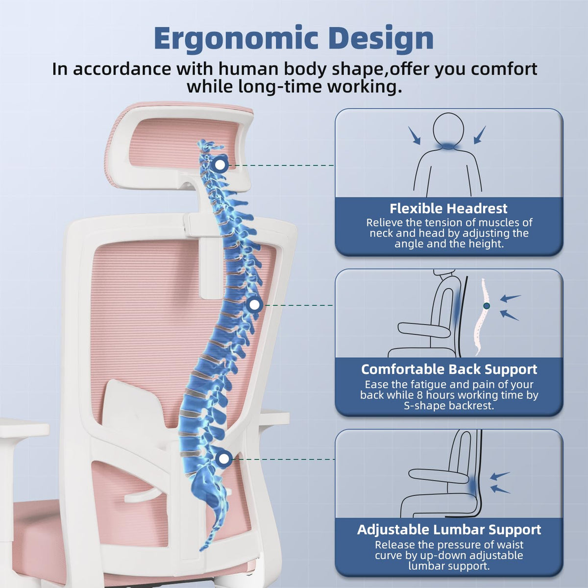 Ergonomic Office Chair with Adjustable Lumbar Support, Armrests and Headrest, Swivel Office Chair 150 kg, Desk Chair, Executive Chair, Rocker Function up to 135°