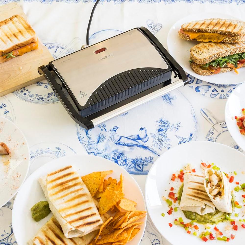 Cecotec Rock'n Grill Electric Grill with Grill, 700 W, Surface 23 x 14.5 cm, Non-Stick Coating, PTFE Free, PFOA Free, Floating Plate, Cold Handle, Light Indicator, Vertical Storage