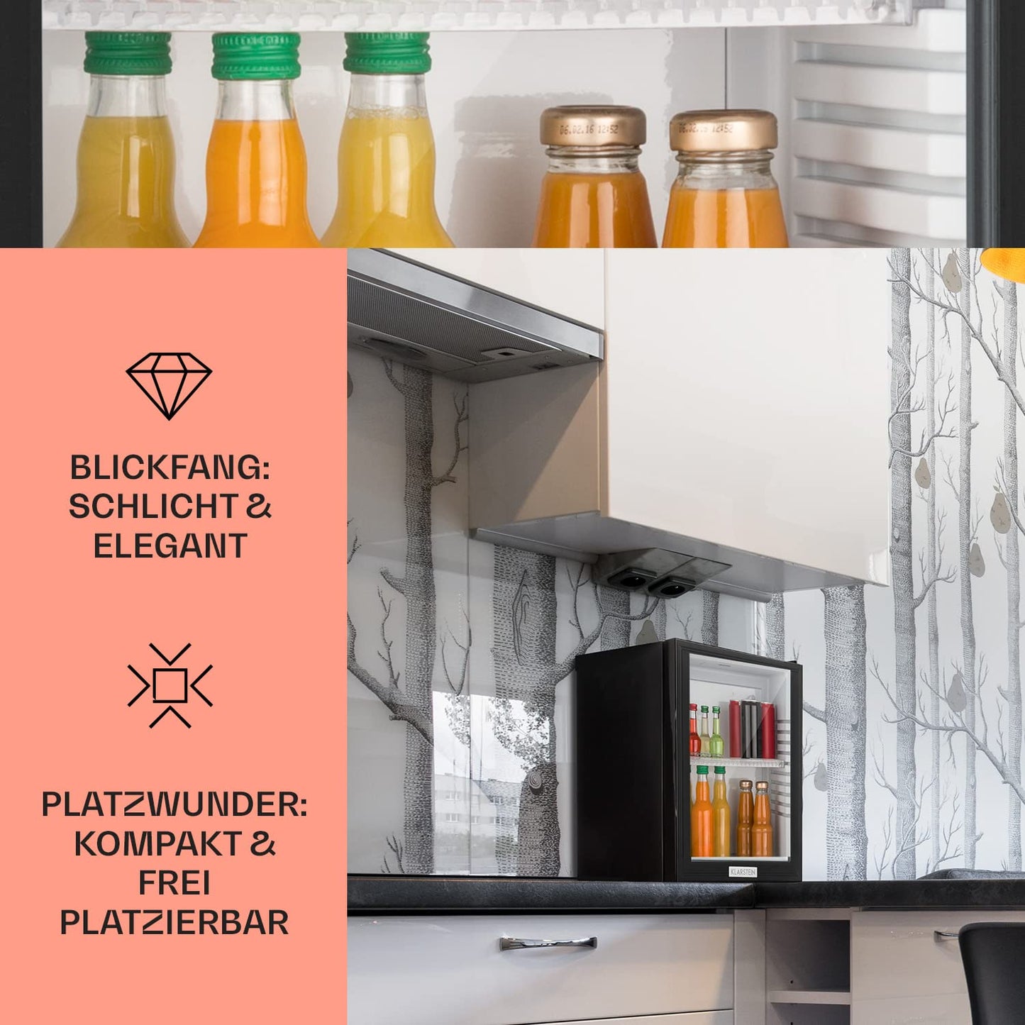 Klarstein Kühlschrank, Mini Kühlschrank mit Glastüre, Mini-Kühlschrank für Getränke, Snacks & Kosmetik, Kühlschrank Klein & Leise, Verstellbare Ablagen, Kleiner Skincare Kühlschrank 12-18°C, 23L