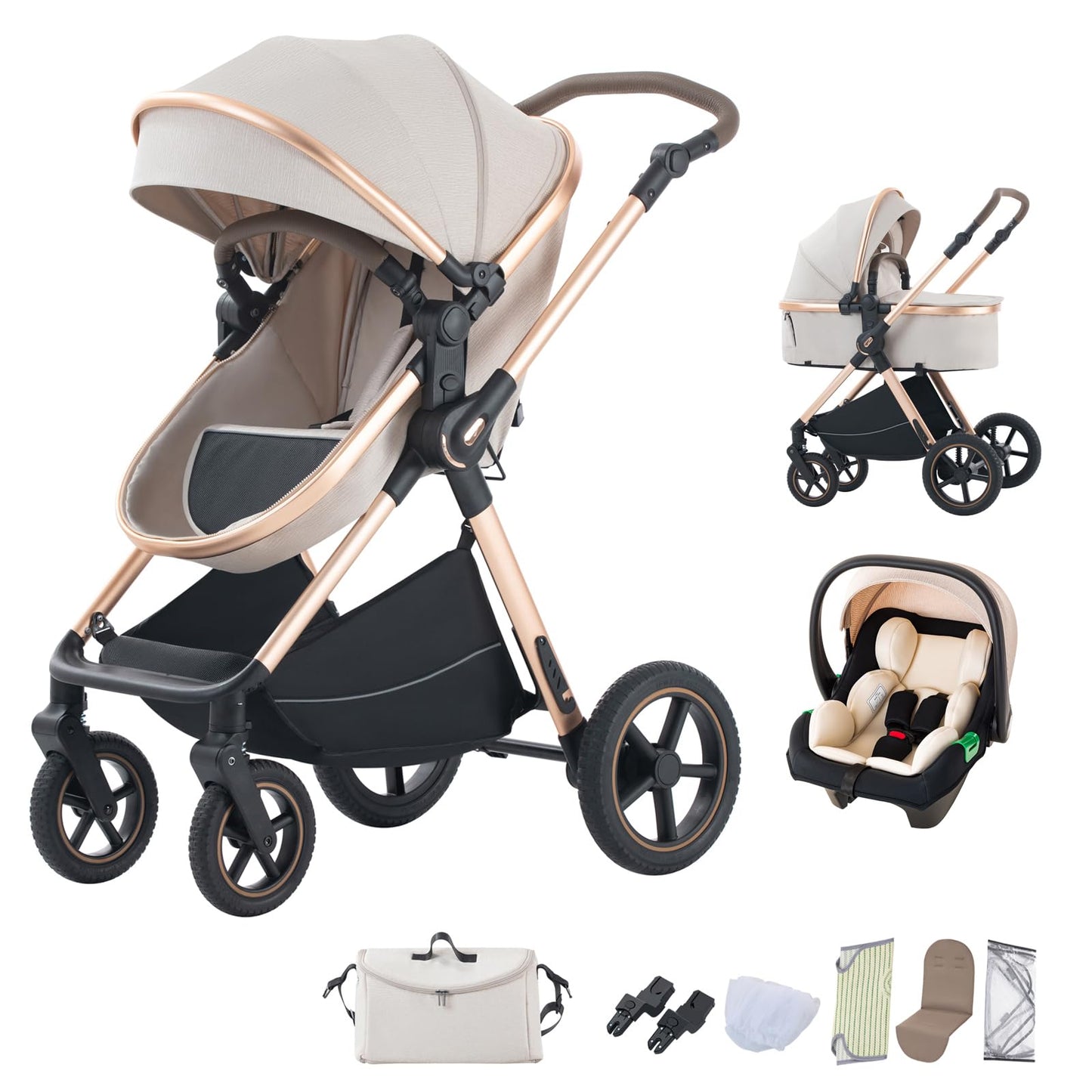 BEBBY 3-in-1 Pushchair Combination Pram Set 2-in-1 Buggy Foldable Luxury High Landscape Newborn Portable Foldable Pushchair Travel System (Black Gold, H2)