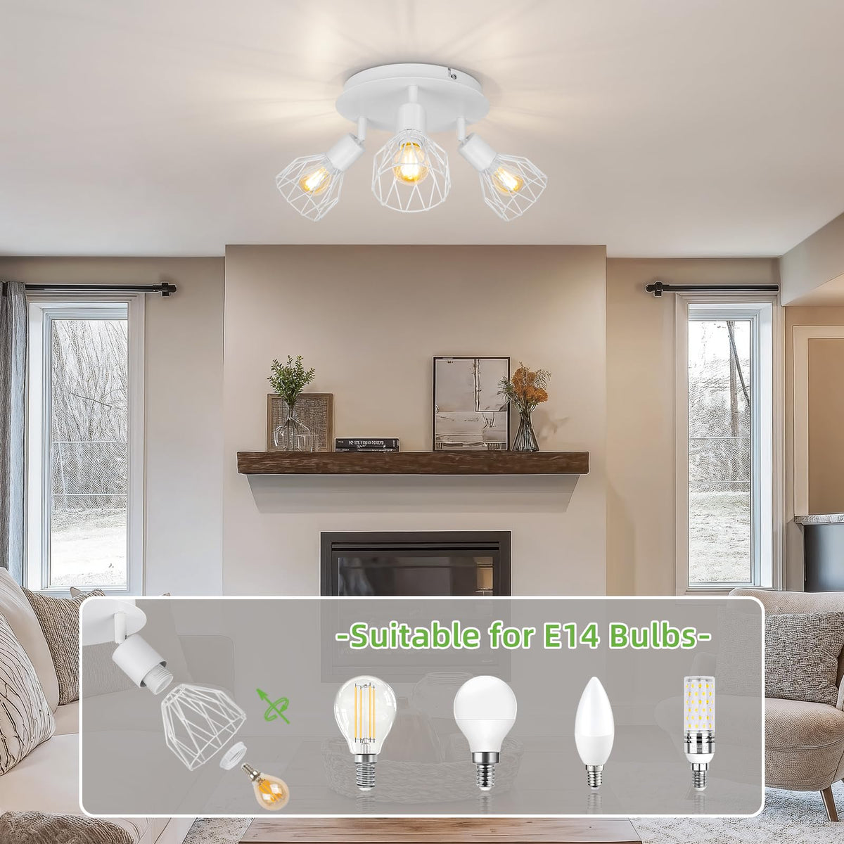 Kimjo 6-Bulb LED Ceiling Spotlight, Swivelling E14 Ceiling Spotlight, Black 6-Bulb Ceiling Light For Living Room, LED Kitchen Ceiling Light, Without Bulbs