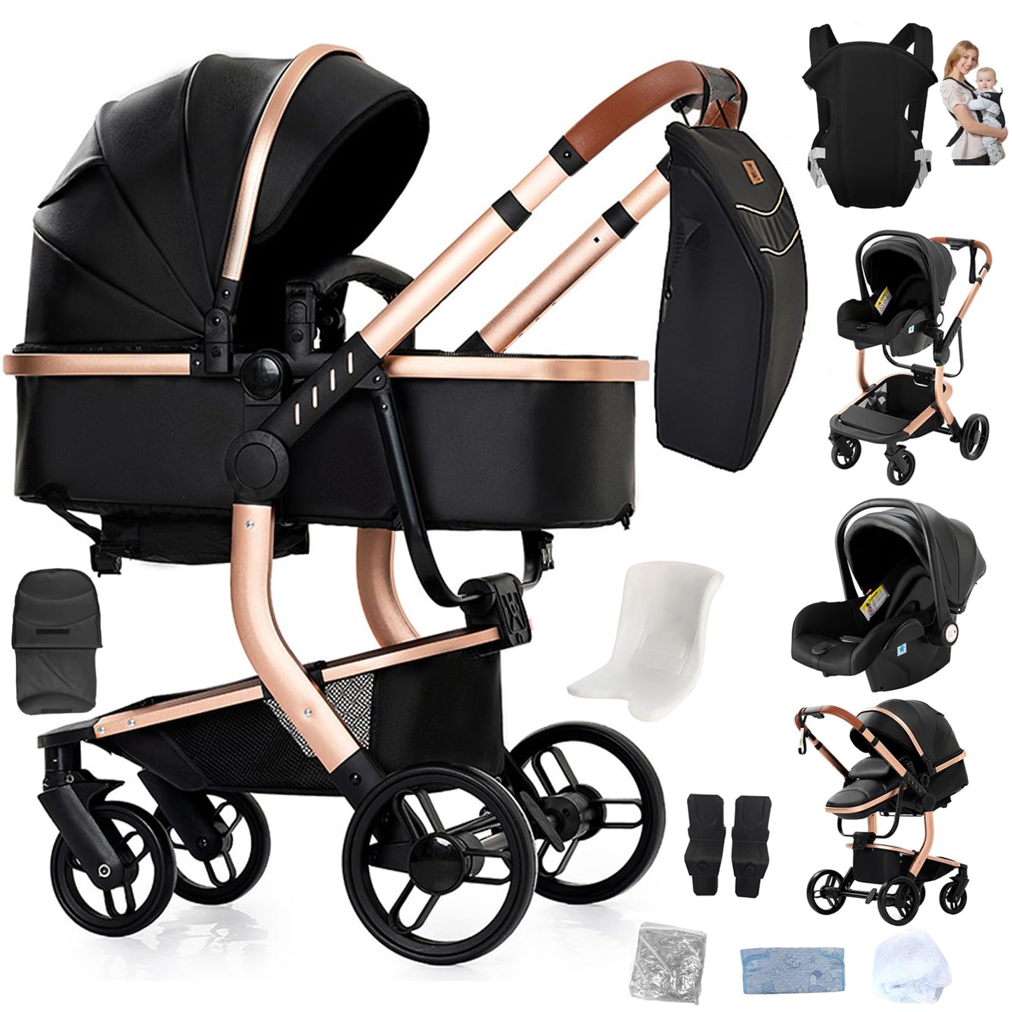 PU Leather Pushchair 3-in-1, Buggy with One-Click Folding Design, Pushchair with Two Reversible Sliding Modes, Combination Pushchair 3-in-1 Complete Set Frame Aluminium Alloy (518 Black)