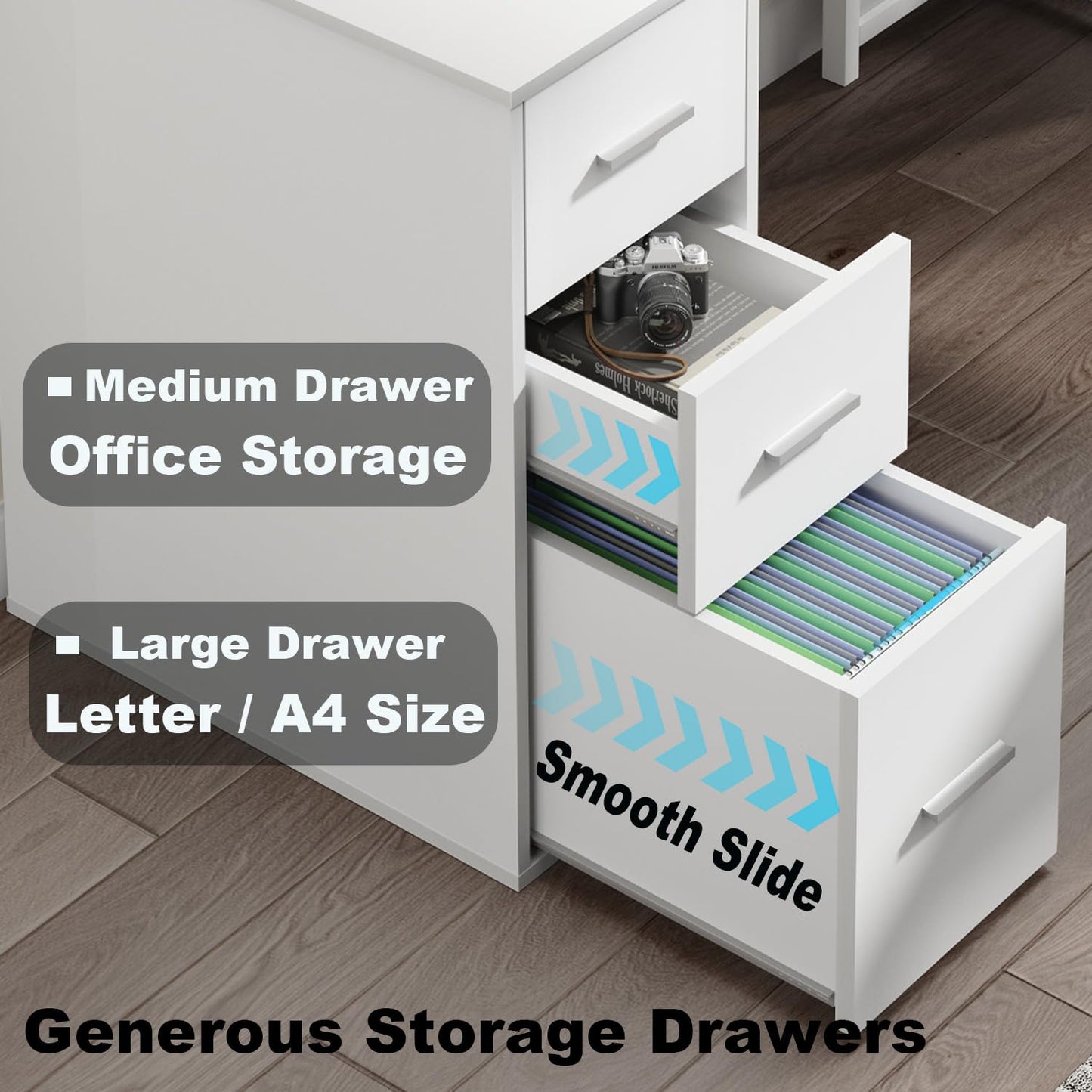 LVB White L Shaped Corner Desk with Drawers, Reversible Modern L Shaped Computer Desk with Storage Cabinets, Large L Shaped Wooden L Shaped Desk Metal L Shape