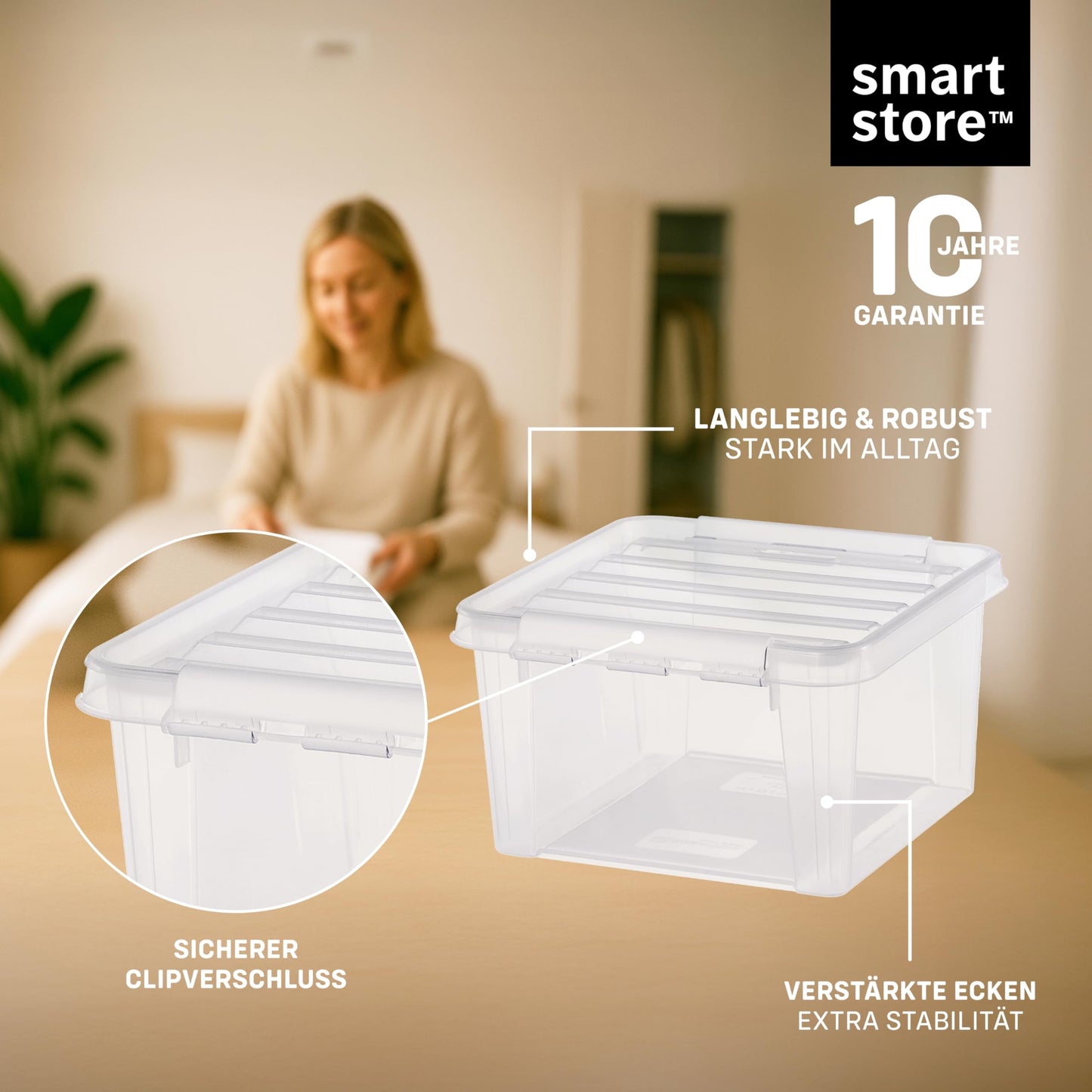 SmartStore Storage Box with Lid, 14 Litres, Pack of 4, Reinforced, Large, Transparent, Food Safe, with Clip Closure, Stackable, BPA-Free Plastic, 40 x 30 x 18 cm (L x W x H)