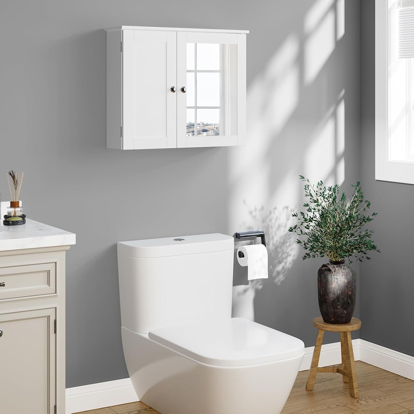 RRX Bathroom Storage Cabinet, Wall Cabinet with Mirror, Wall Cabinet for Bathroom, Adjustable Shelf, 2 Doors Over the Toilet, 16.5 x 60 x 49 cm (L x W x H)