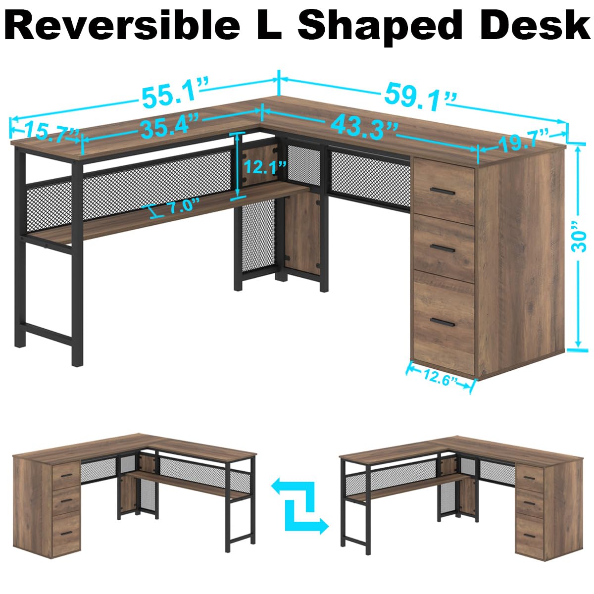 LVB White L Shaped Corner Desk with Drawers, Reversible Modern L Shaped Computer Desk with Storage Cabinets, Large L Shaped Wooden L Shaped Desk Metal L Shape