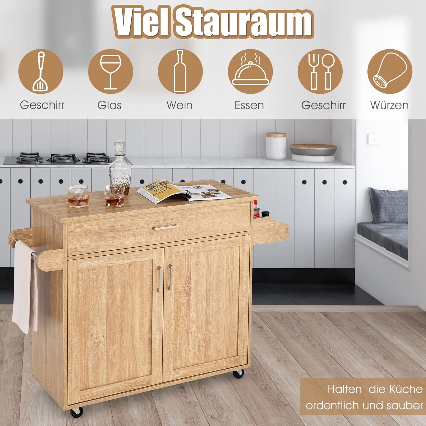 COSTWAY Kitchen trolley with towel holder and spice board, kitchen island with drawer and height-adjustable shelf, kitchen cabinet rollable, wooden serving trolley, kitchen island trolley (black)