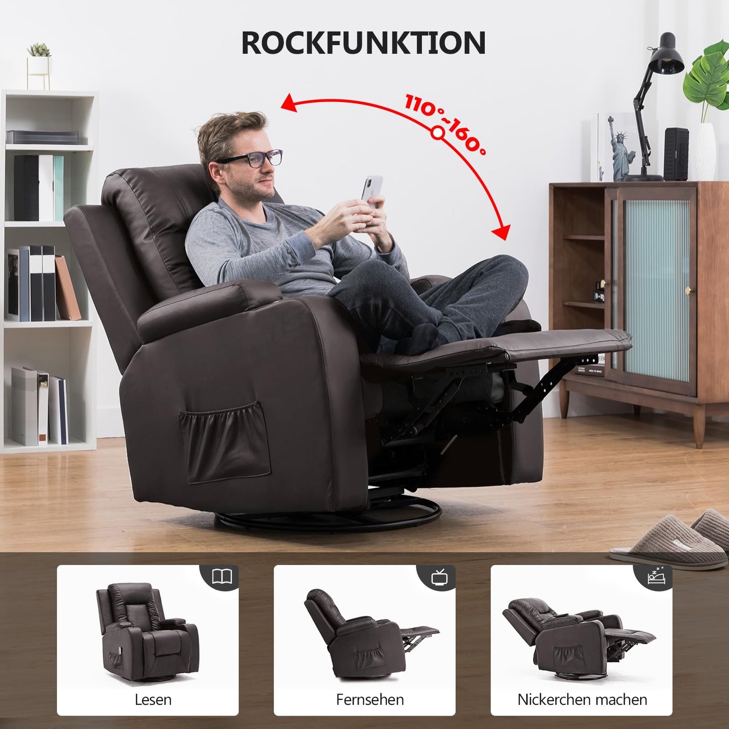 COMHOMA Relaxsessel-Set, Sofa, Sofa-Set aus Kunstleder, Fernsehsessel Ruhesessel Liegesessel mit Liege-Funktion Polstersessel Schlafsessel für Wohnzimmer Schlafzimmer Heimkino,Schwarz, 3+2+1