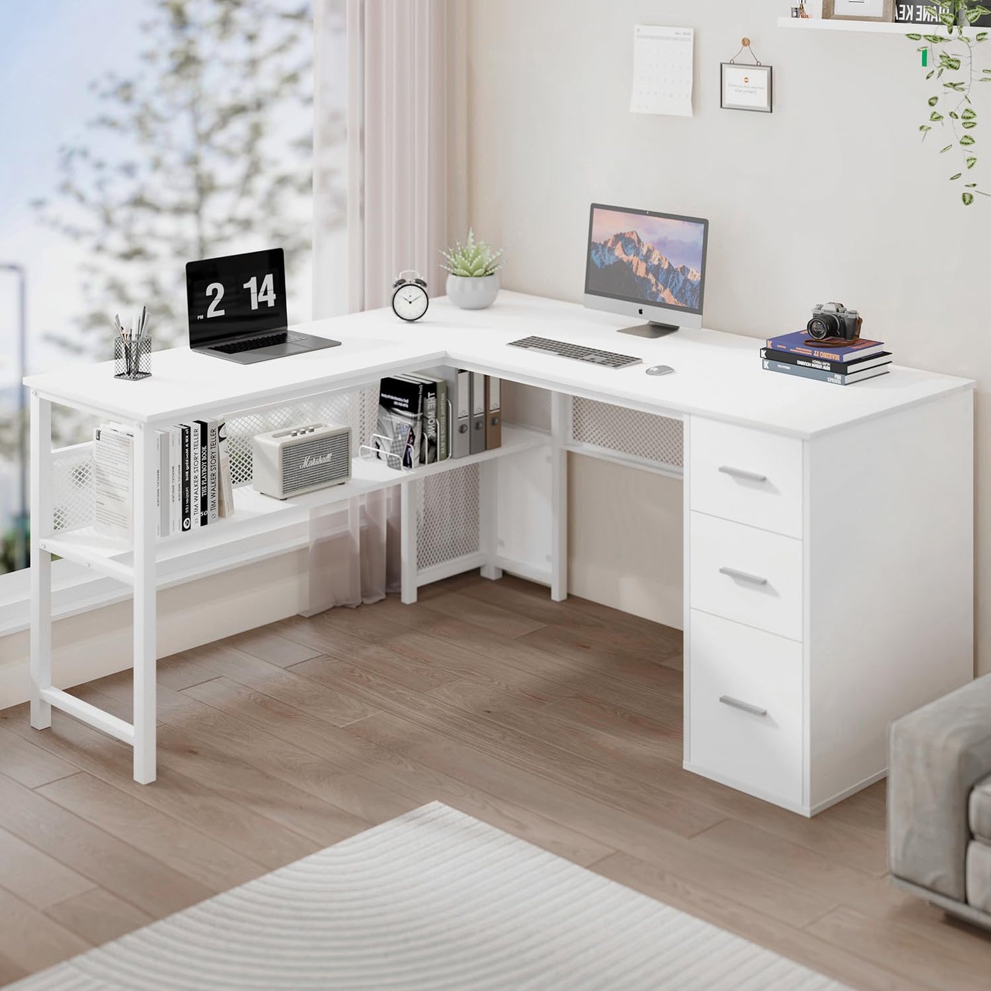 LVB White L Shaped Corner Desk with Drawers, Reversible Modern L Shaped Computer Desk with Storage Cabinets, Large L Shaped Wooden L Shaped Desk Metal L Shape