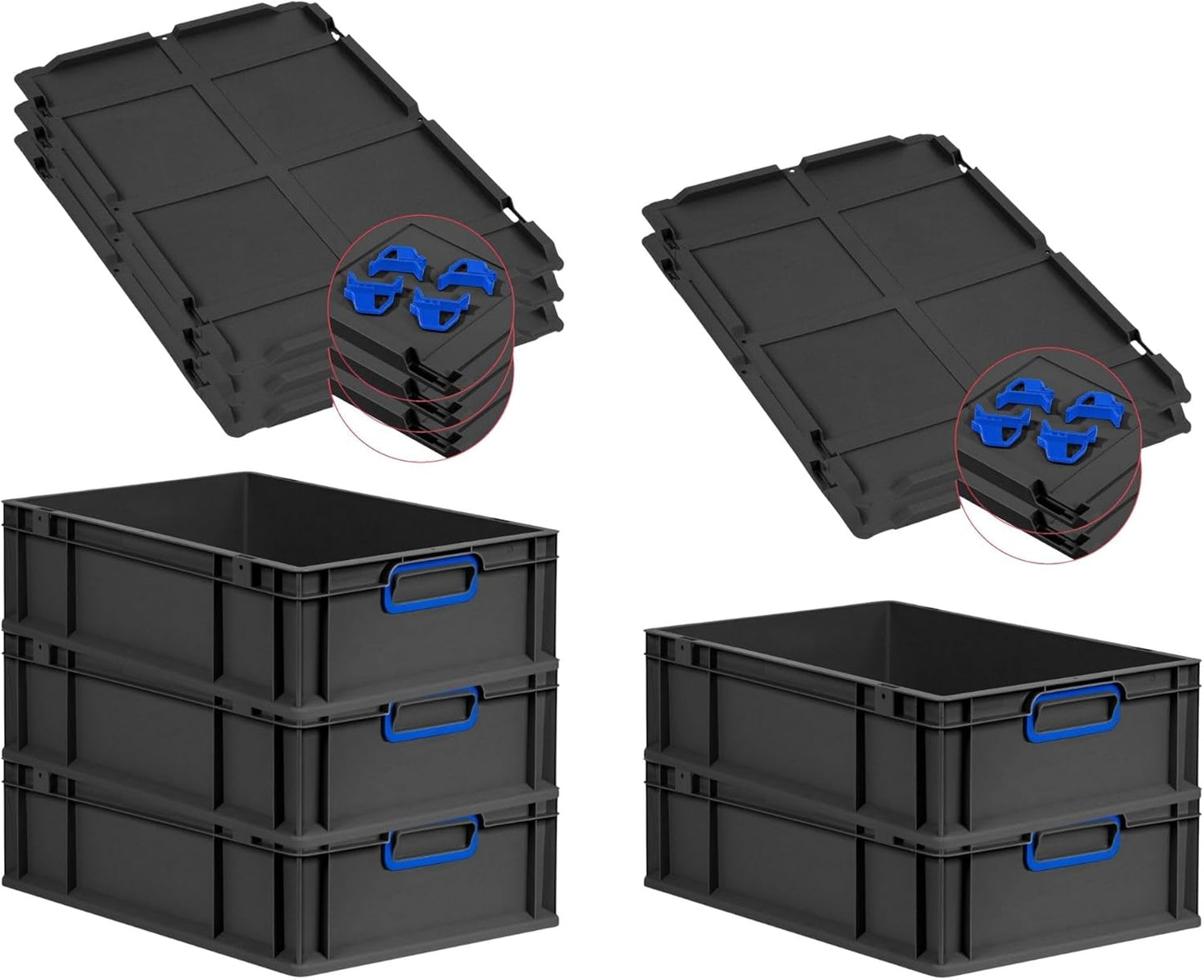 PROREGAL Economy Set of 5 Eurobox NextGen Colour with Lid and Sliding Snap Fasteners, H x W x D 22 x 30 x 40 cm, 20 L, Black, Closed Handles, Euro Container, Transport Box, Transport Container