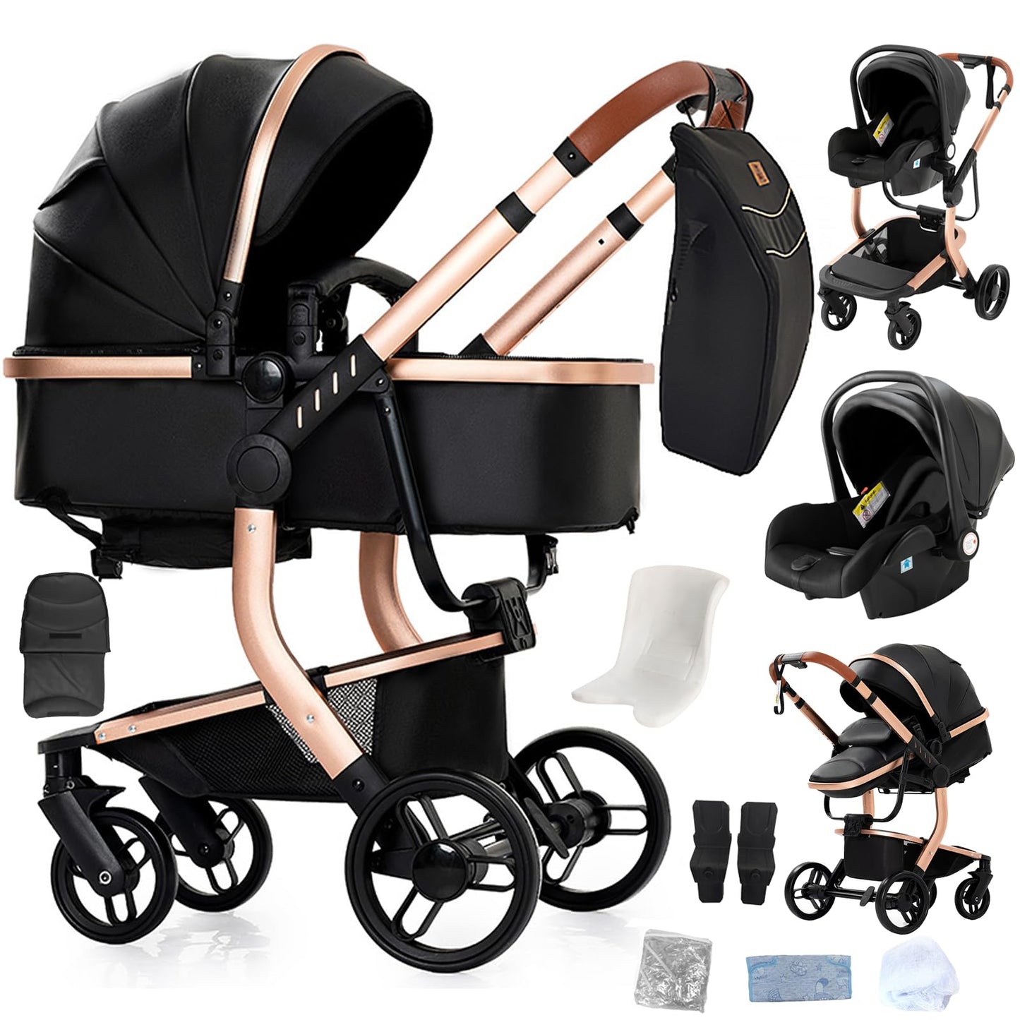 PU Leather Pushchair 3-in-1, Buggy with One-Click Folding Design, Pushchair with Two Reversible Sliding Modes, Combination Pushchair 3-in-1 Complete Set Frame Aluminium Alloy (518 Black)