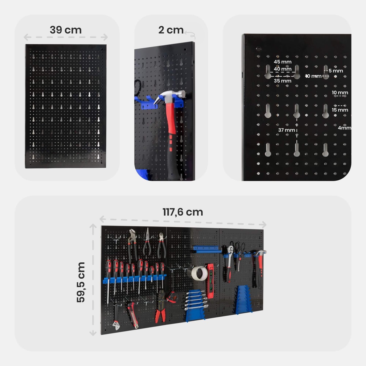 Arebos Tool Wall 3 Panels, 17- Piece Hook Set, 120 x 60 x 2 cm