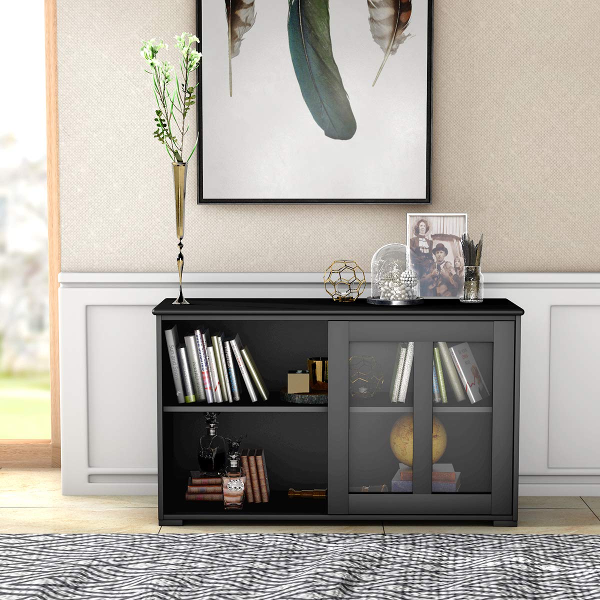 RELAX4LIFE Sideboard with 2 Sliding Glass Doors, Sideboard for Living Room, Hallway, Office and Kitchen, Hallway Cabinet with Height-Adjustable Shelf, Wooden Kitchen Cabinet (Cream)