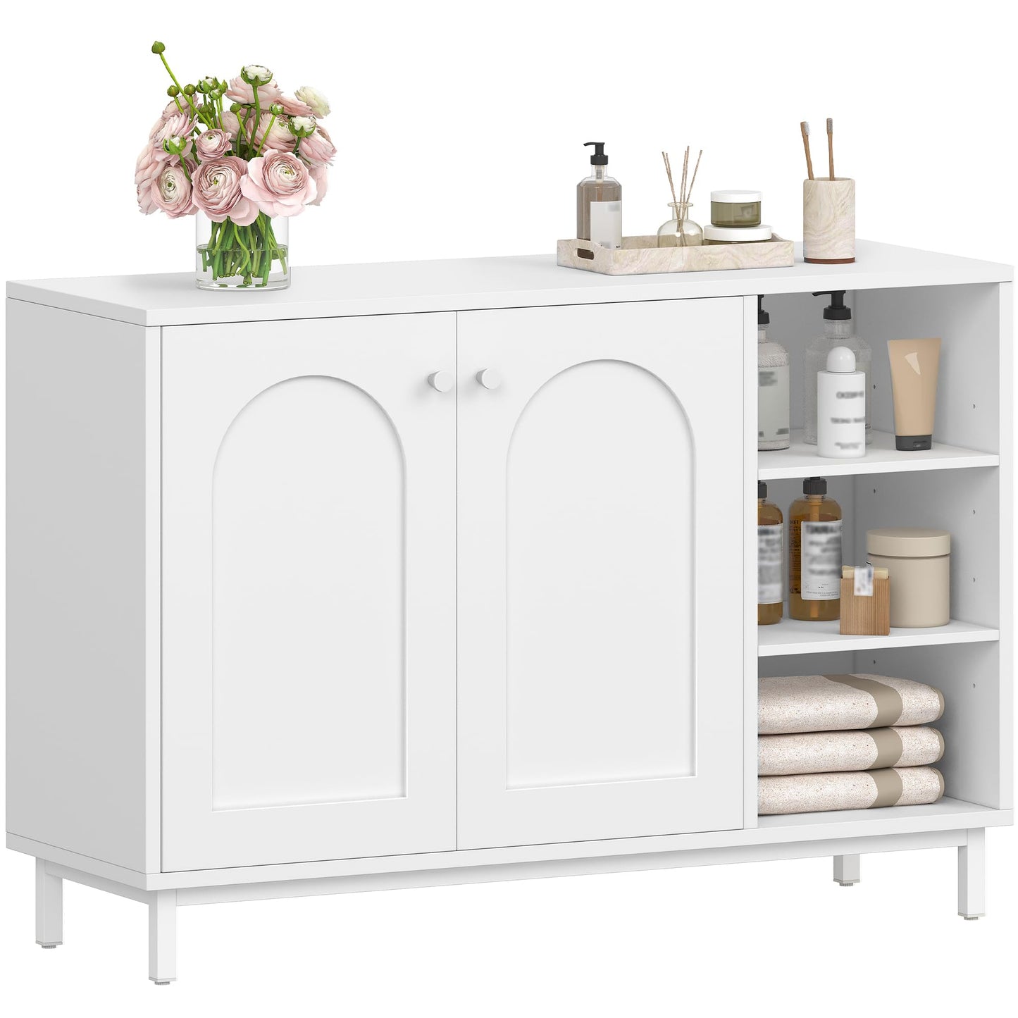 Hzuaneri SC10203G Bathroom Cabinet, Kitchen Cabinet with 2 Doors, Side Cabinet, Sideboard with Open Compartment, Chest of Drawers, Adjustable Shelf, Bathroom, 35 x 100 x 75 cm, White Gold