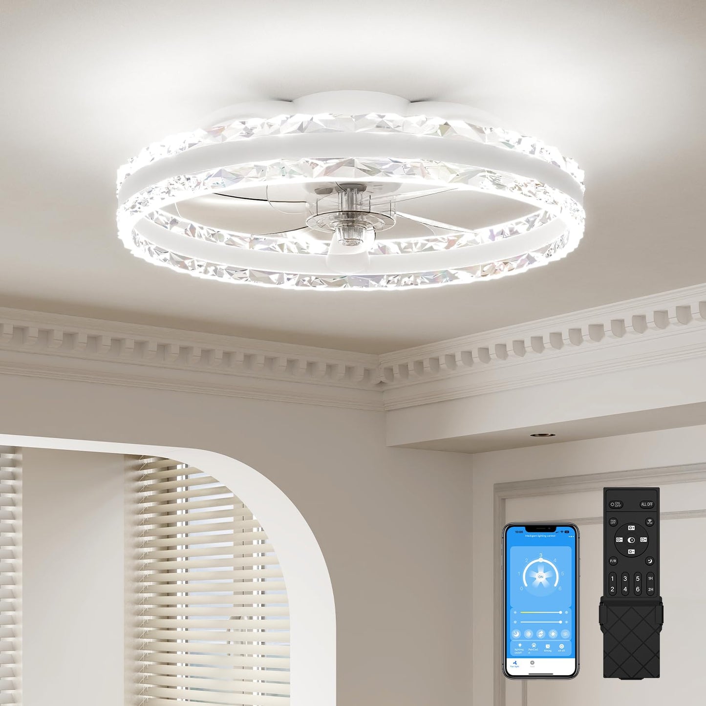 VOLISUN Ceiling Fan with Lighting and Remote Control, 6 Wind Levels and Dimmable, Modern Ceiling Light with Fan, Quiet LED Ceiling Fan for Bedroom, Living Room (White, 50 cm)
