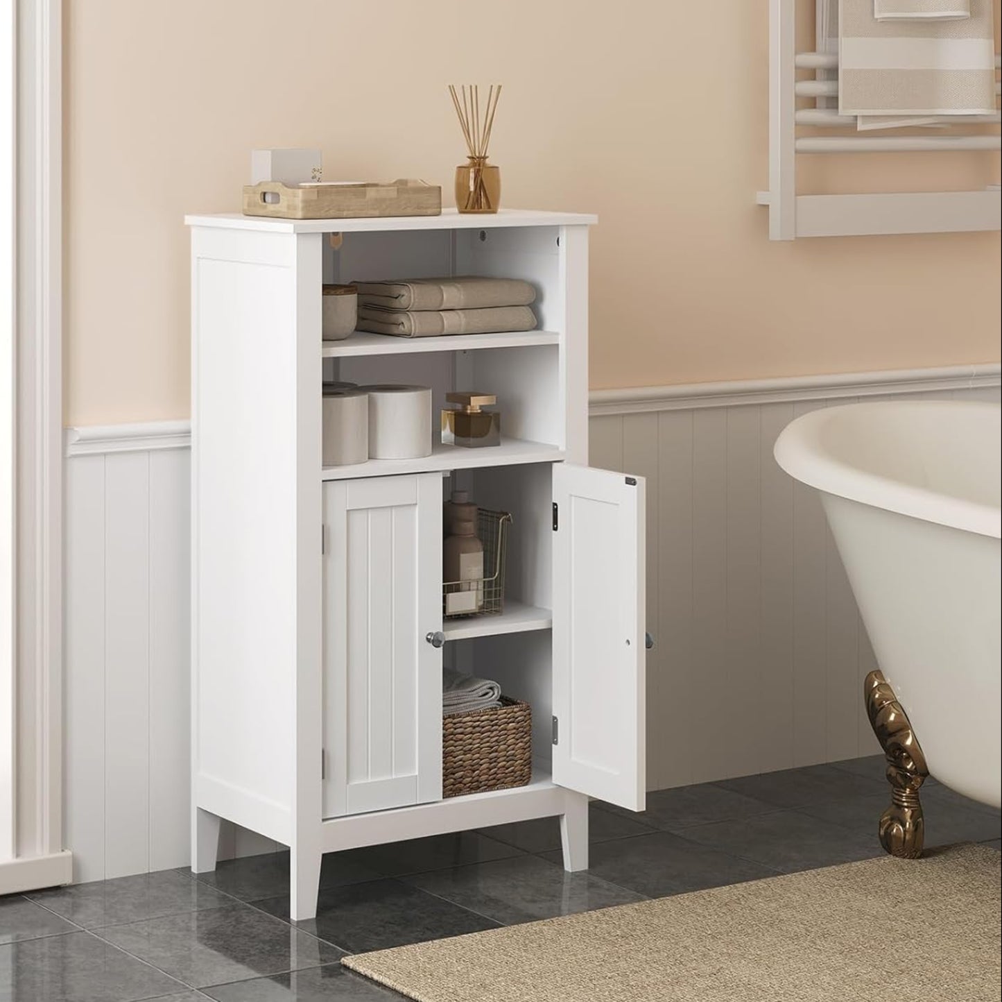 EUGAD Bathroom Cabinet, Kitchen Cabinet, Side Cabinet, Chest of Drawers in Bedroom, Hallway, Made of MDF with Adjustable Shelf, White, 92.5 x 30 x 50 cm