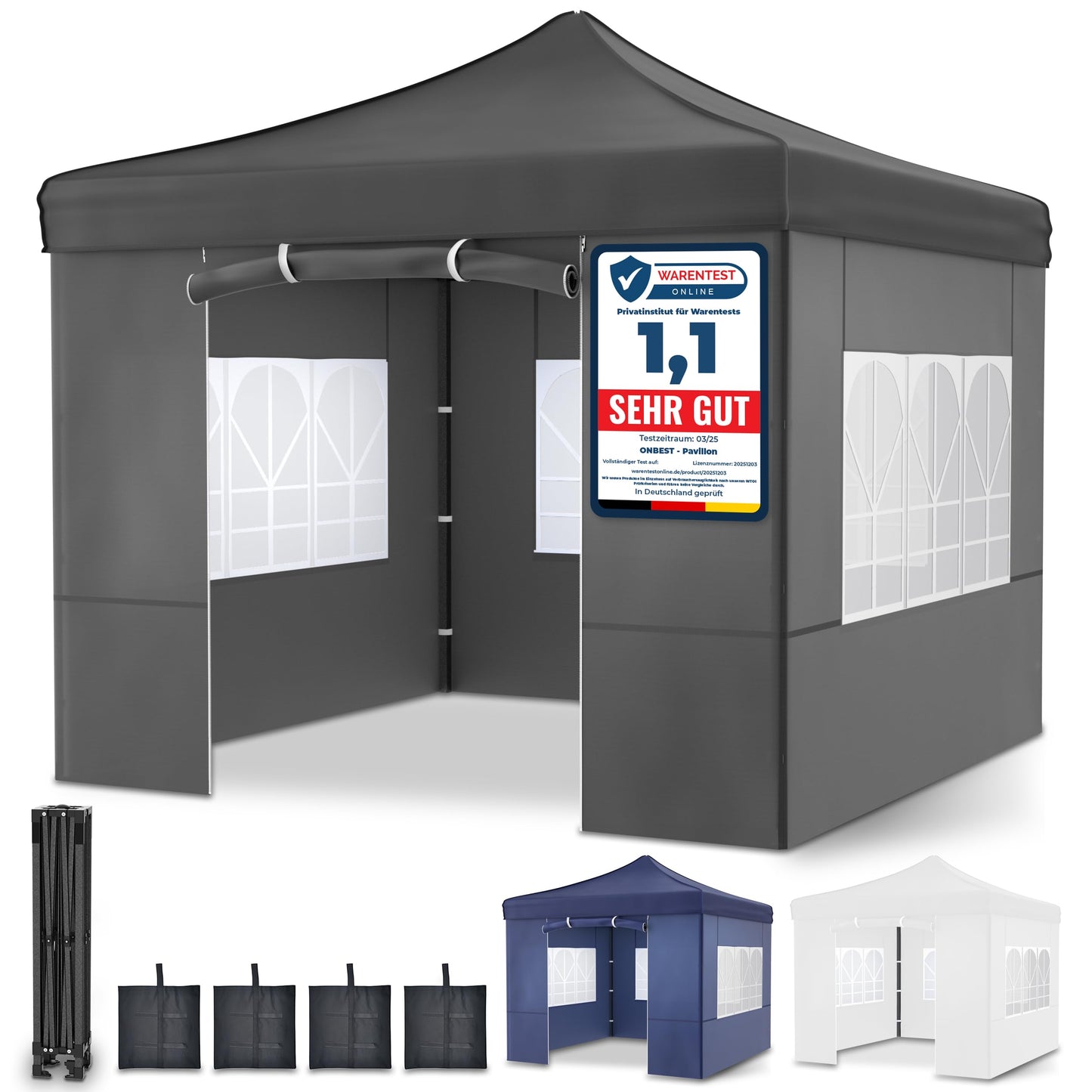 Gazebo - 3 x 3 m - Large Entrance - Waterproof - Pop Up Frame - Side Walls with 3 x 3 Windows - Additional with Bag - Foldable Outdoor Gazebo Folding Gazebo (Grey)