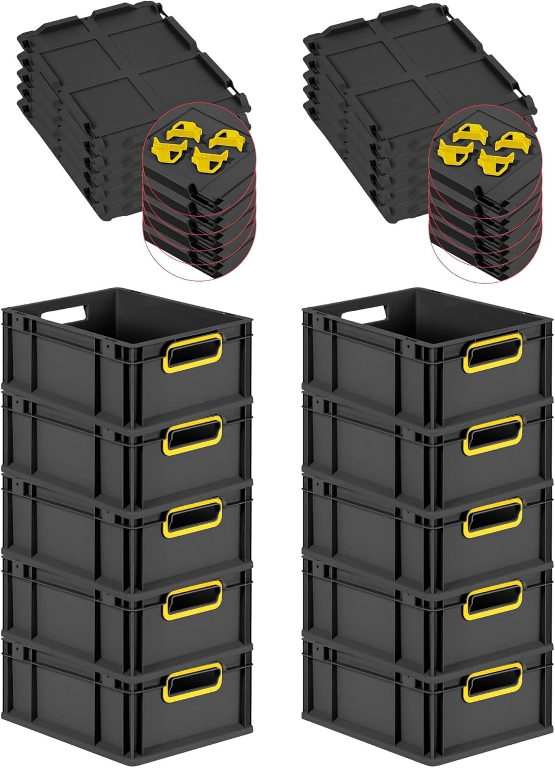 PROREGAL Economy Set of 5 Eurobox NextGen Colour with Lid and Sliding Snap Fasteners, H x W x D 22 x 30 x 40 cm, 20 L, Black, Closed Handles, Euro Container, Transport Box, Transport Container