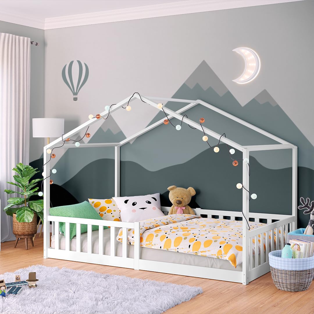 Bellabino Bia Children’s Bed, 90 x 200 cm, Children’s House Bed incl. Fall Protection and Rolled Slatted Frame, Montessori Floor Bed, White, Solid Pine Wood