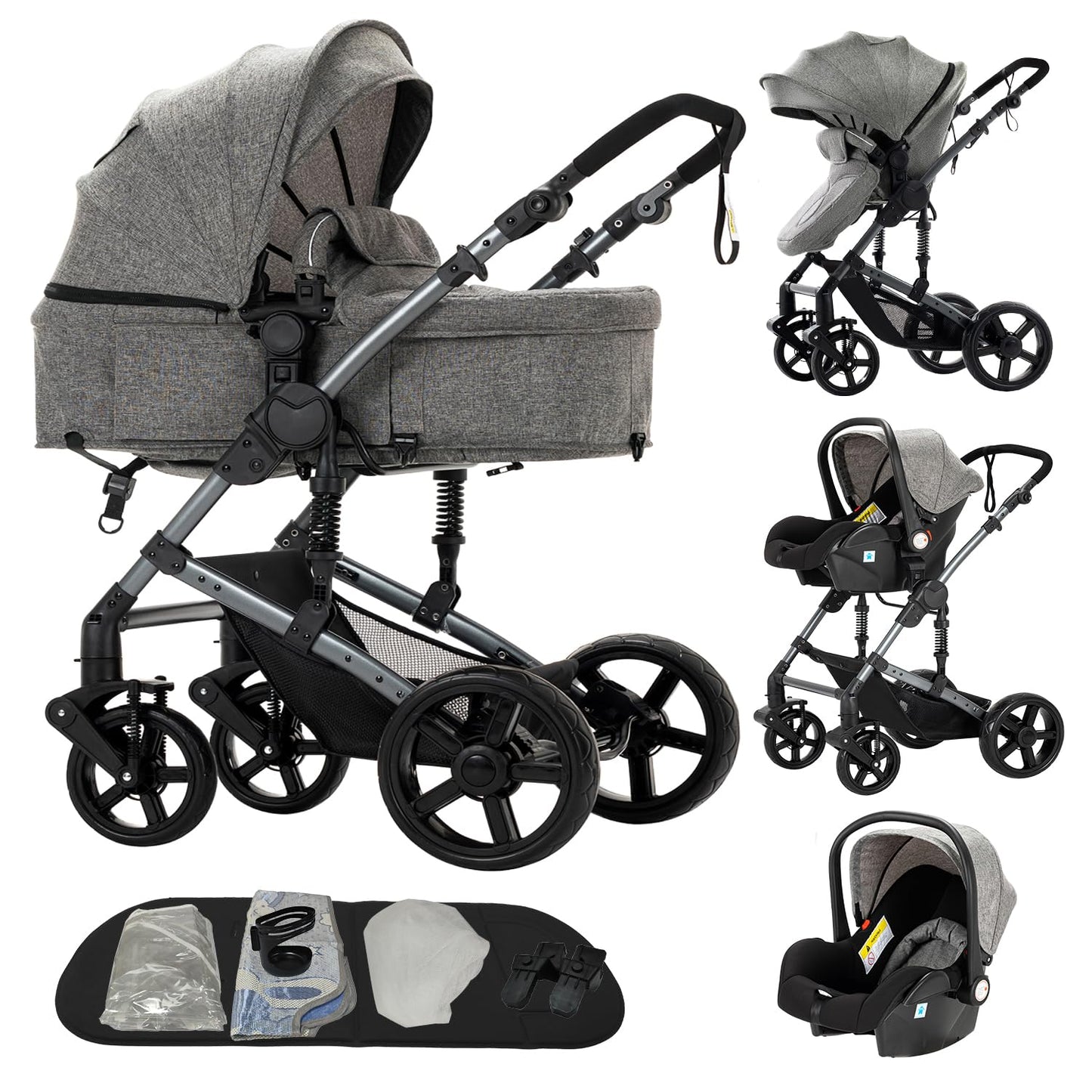 Doraystar 360° Rotation PU Leather Pushchair 3-in-1 Combination Pushchair 3-in-1 with Two Reversible Sliding Modes, Pushchair Complete Set with One-Click Folding Design, Aluminium Alloy Frame (906