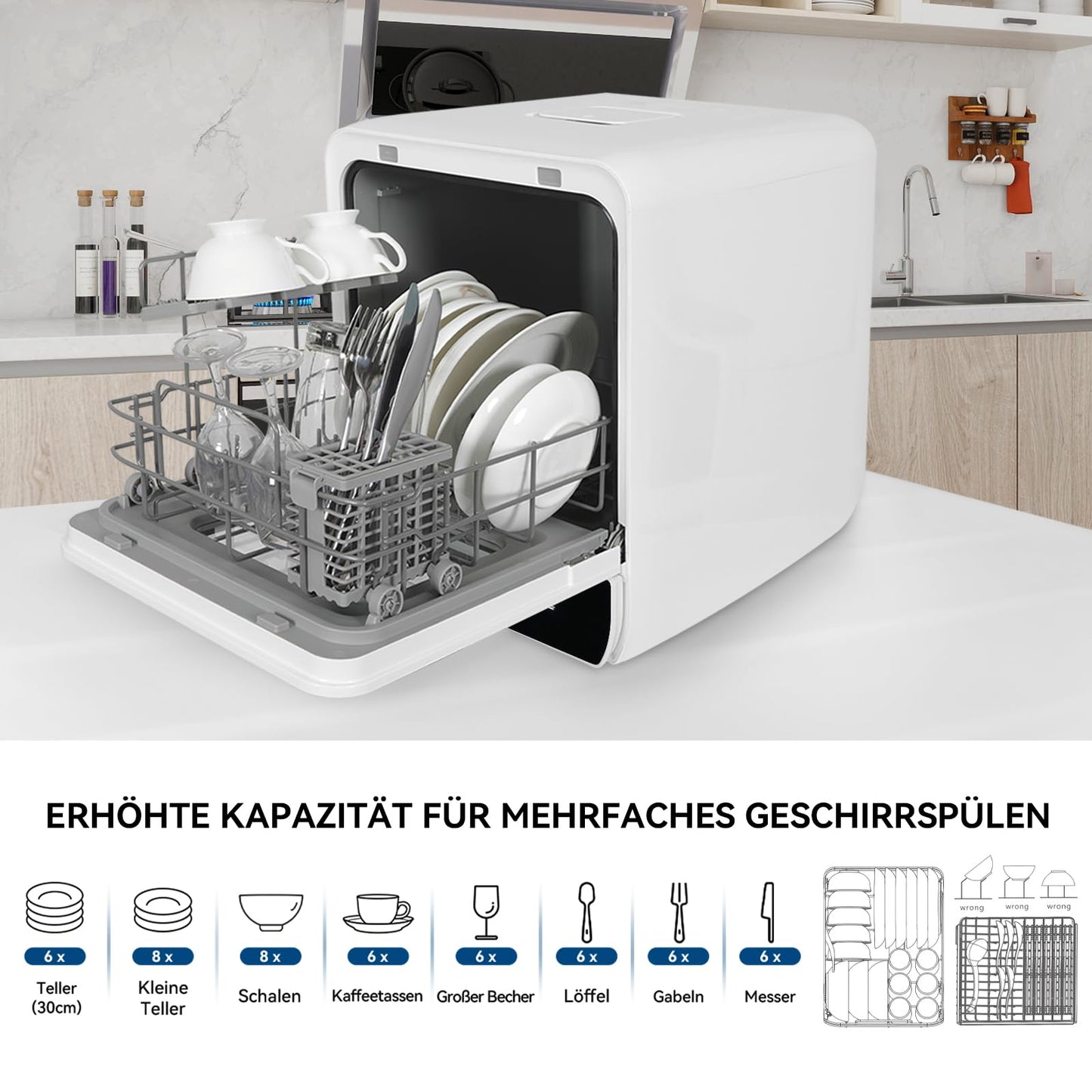Mini Dishwasher for 3 Place Settings, Table Dishwasher with 7 Programmes with Drying Function, Can Be Used With/Without Water Connection, Dishwasher 4.8 L, Touch Control for Motorhomes, Homes