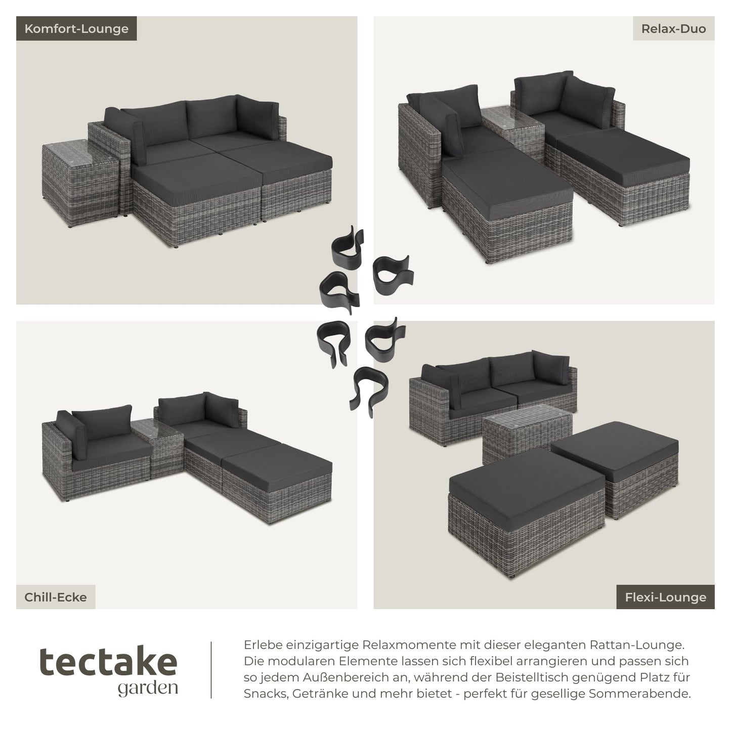 tectake® Luxus Rattan Lounge Set Outdoor, modulares Sofa mit Couch Tisch und Hocker, Balkon Möbel, Garten, Terrasse, Gartenmöbel Set wetterfest, Balkon Lounge, Gartenlounge - Natur