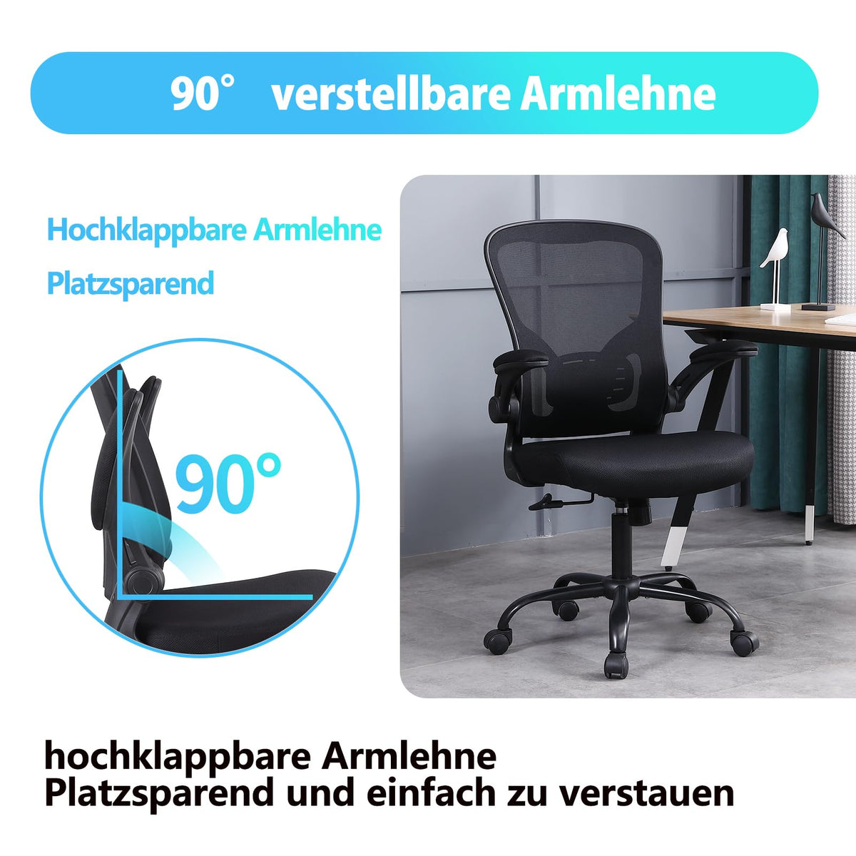 Youhauchair Office Chair, Ergonomic Office Chair with Fold-Up Armrests, Desk Chair with Lumbar Support, Breathable Office Chair, Black
