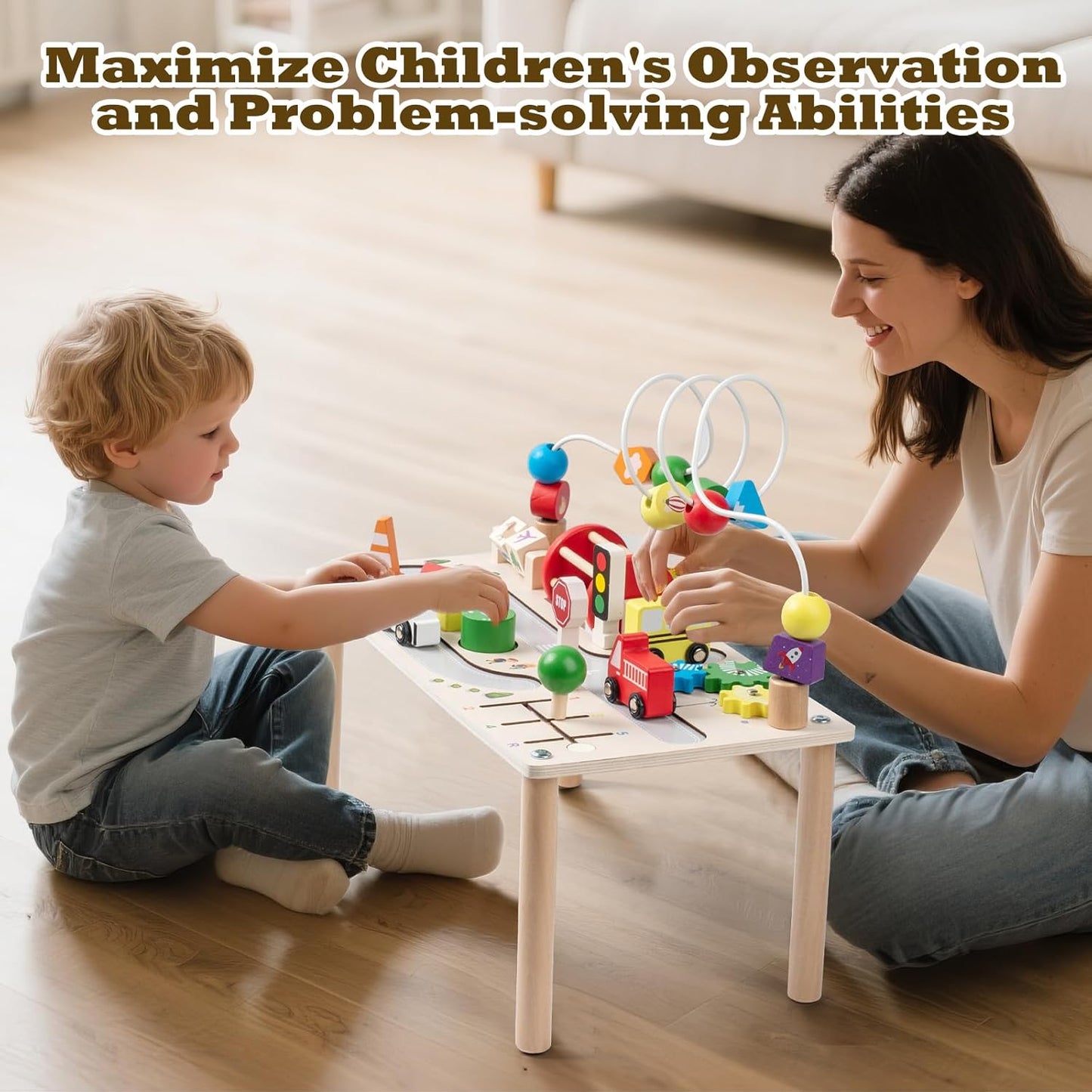 7-in-1 Montessori Wooden Activity Table with Shape Sorter & Learning Clock, Motor Skills Toy from 3 Years, Educational Toy Gift for Boys Girls for Birthday