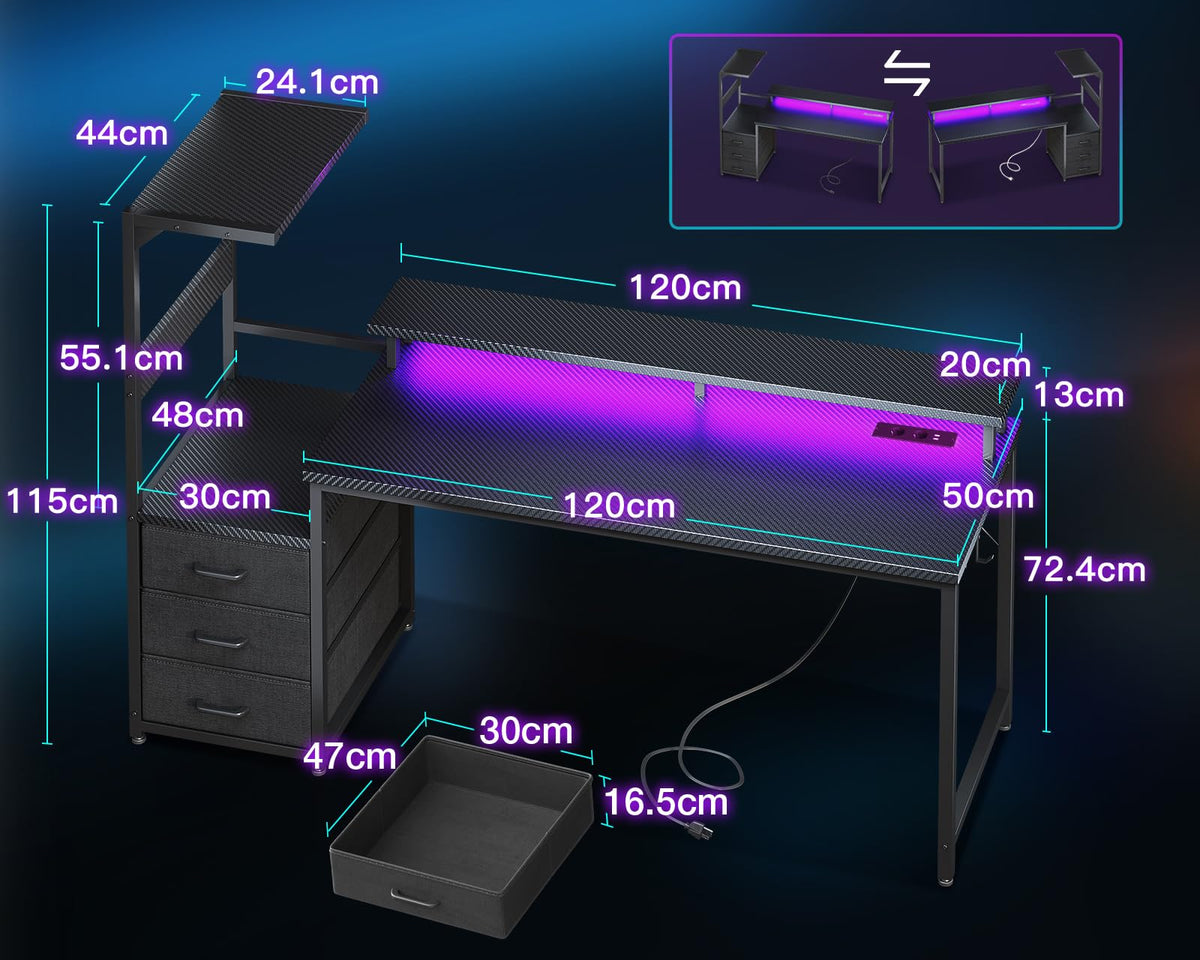 Coleshome Gaming Table with Drawers, 151 x 50 cm Gaming Desk with LED Lighting & Socket, Computer Desk with Shelves & Monitor Stand, Carbon Fibre Black