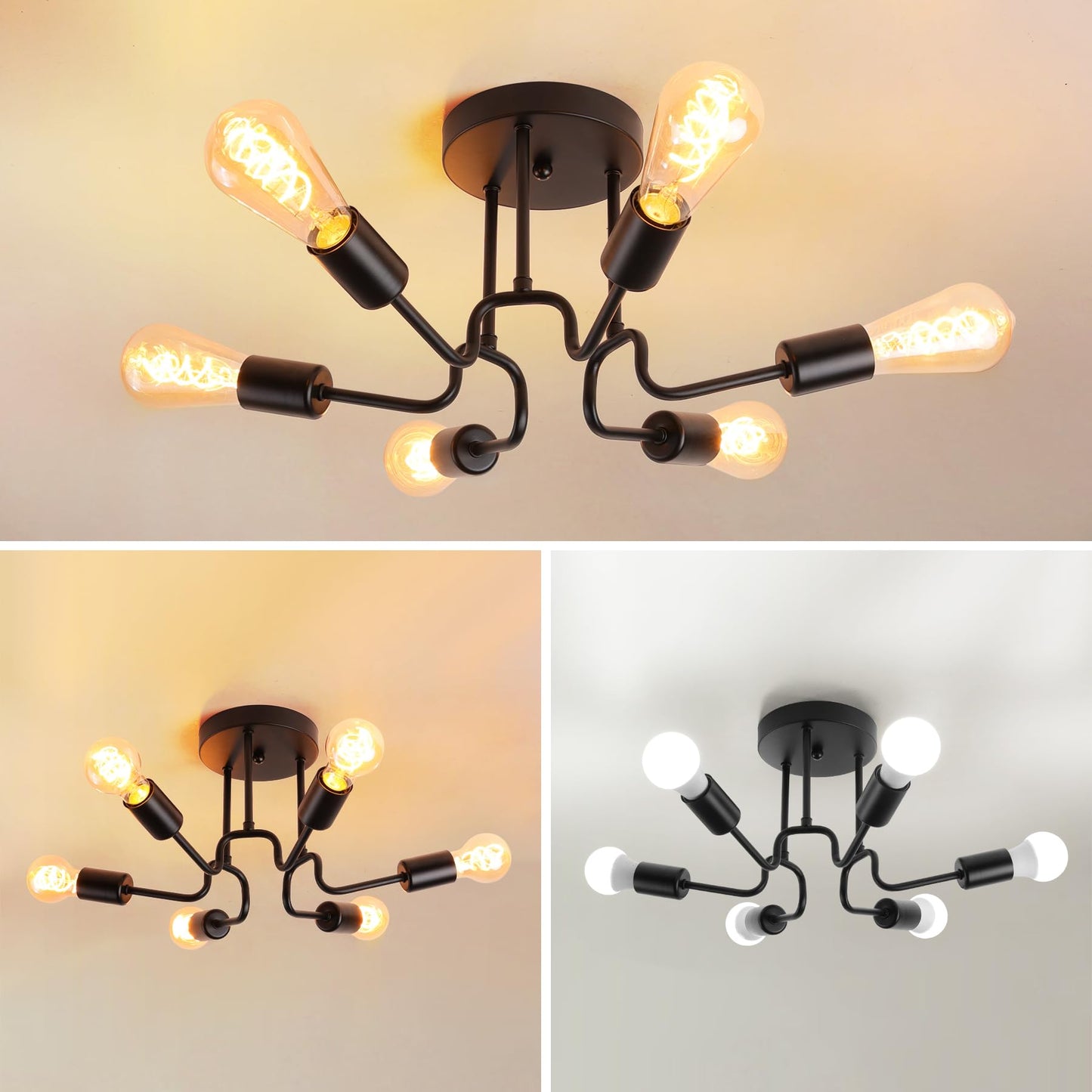 Ceiling Light Vintage 6 Bulbs Ceiling Light Retro E27 Living Room Lamp Industrial Lamp Bedroom Lamp Black Chandelier for Bedroom Kitchen Hallway Dining Room without Bulb