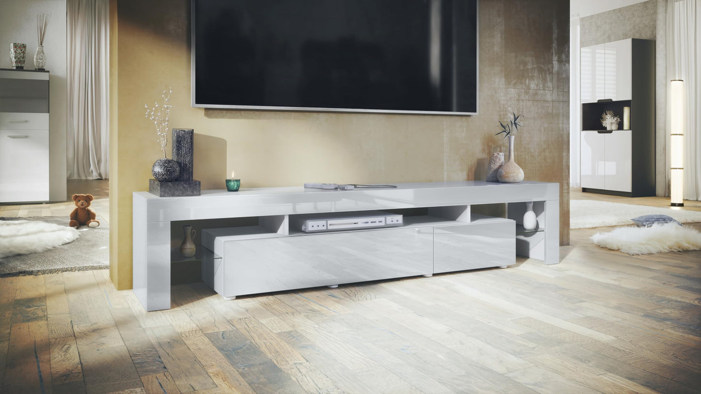 Vladon TV Stand Unit Lima V2, Carcass in White/Front in Black High Gloss