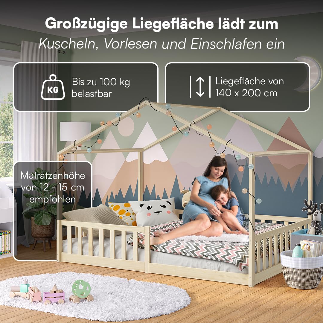 Bellabino Bia Children’s Bed, 90 x 200 cm, Children’s House Bed incl. Fall Protection and Rolled Slatted Frame, Montessori Floor Bed, White, Solid Pine Wood