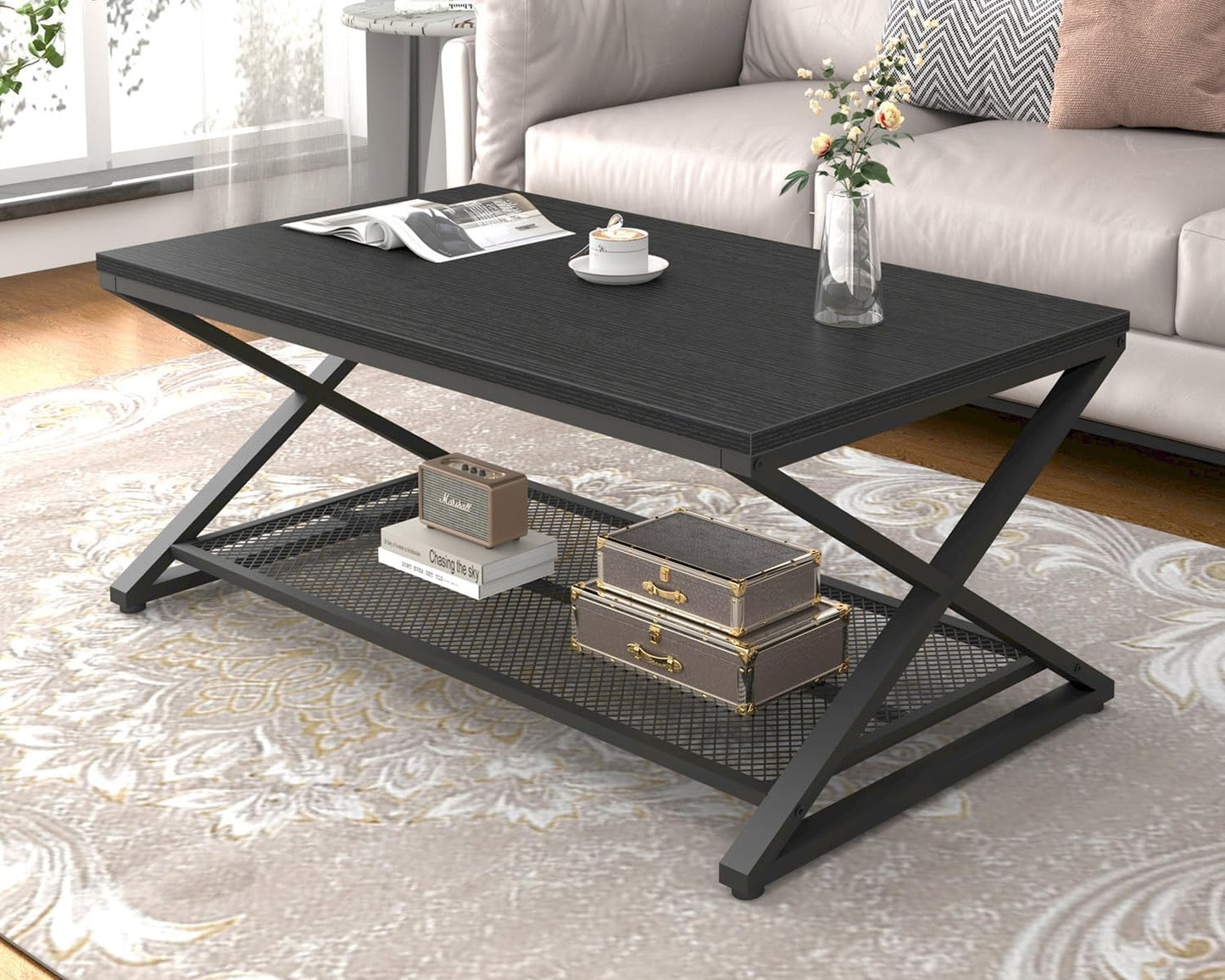 LVB Rectangular Coffee Table, Living Room Table, Sofa Table, Side Table, Wood, Metal, Living Room Furniture, Coffee Table, Vintage Retro Industrial Design, 120 x 60 x 45 cm