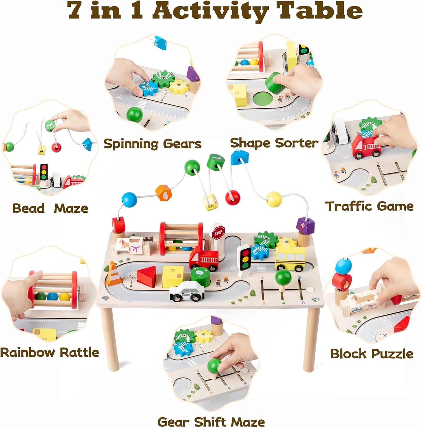 7-in-1 Montessori Wooden Activity Table with Shape Sorter & Learning Clock, Motor Skills Toy from 3 Years, Educational Toy Gift for Boys Girls for Birthday