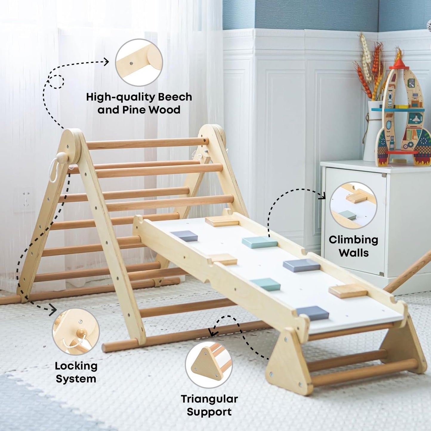 Mamabrum Wooden Pet Playground XL 5-in-1, Slide, Swing, Climbing Wall, Net and Ladder for Active Toddlers, Sturdy, for Active Homepage, Support Baby Development