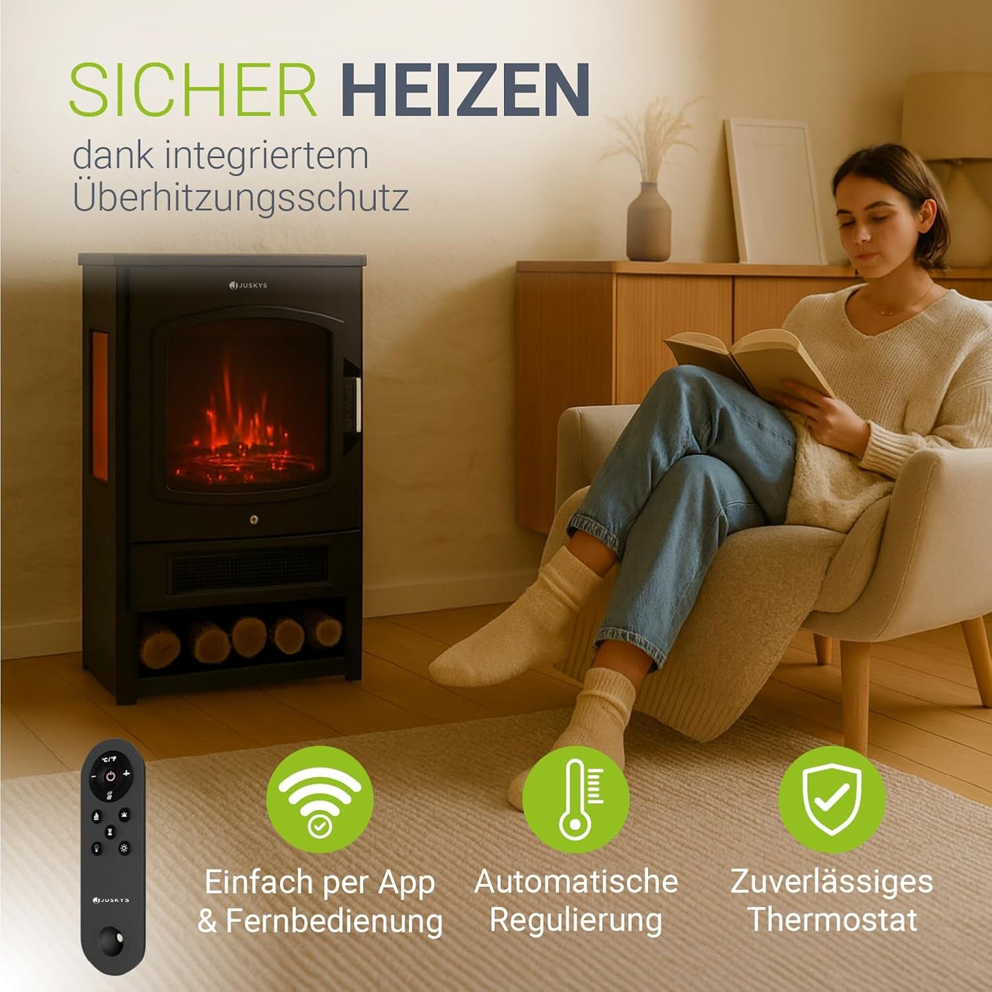 Juskys Electric Fireplace 1800W - Black, Electric Standing Fireplace with LED Flame Effect, WiFi/App Control, Remote Control