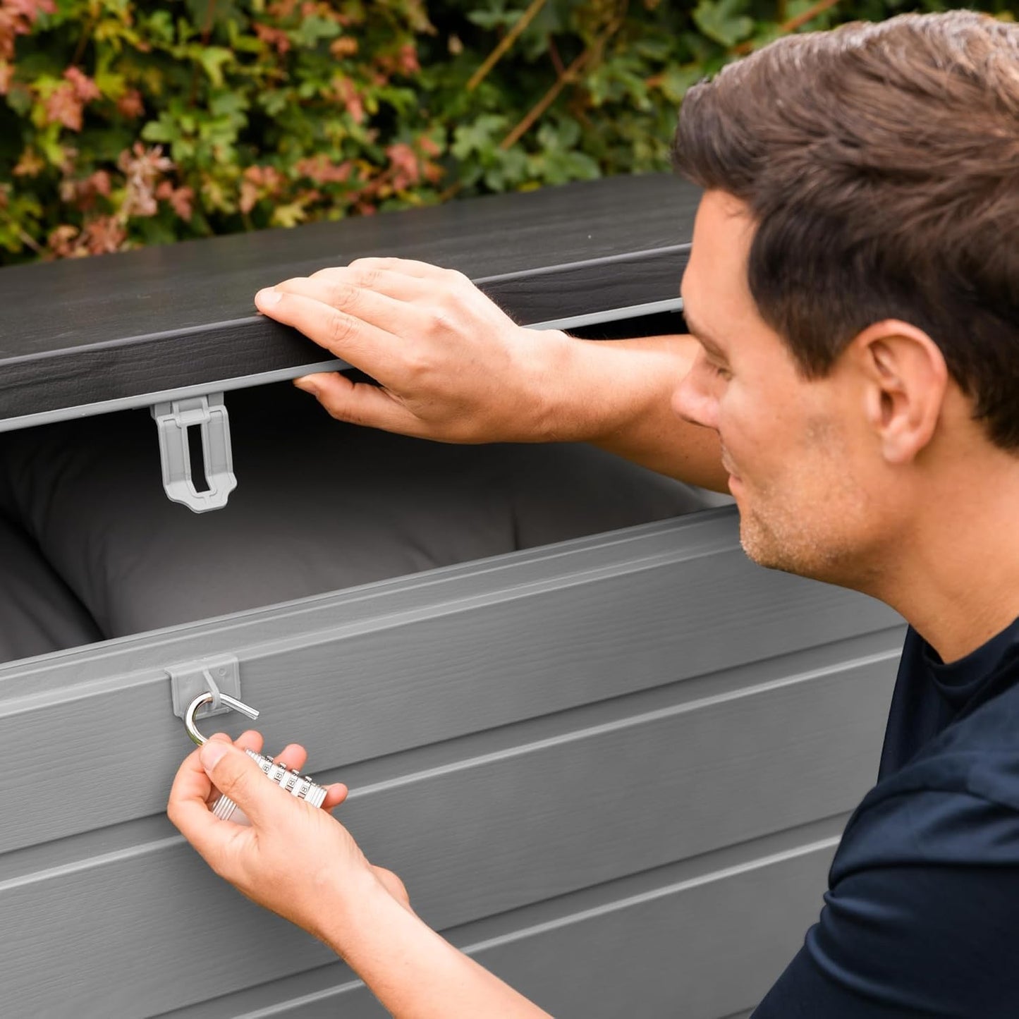 Olsen & Smith 270L Large Capacity Outdoor Garden Storage Box with Padlock Plastic Shed - Weatherproof and Stand Up with Wood Effect Chest (270L, Black)