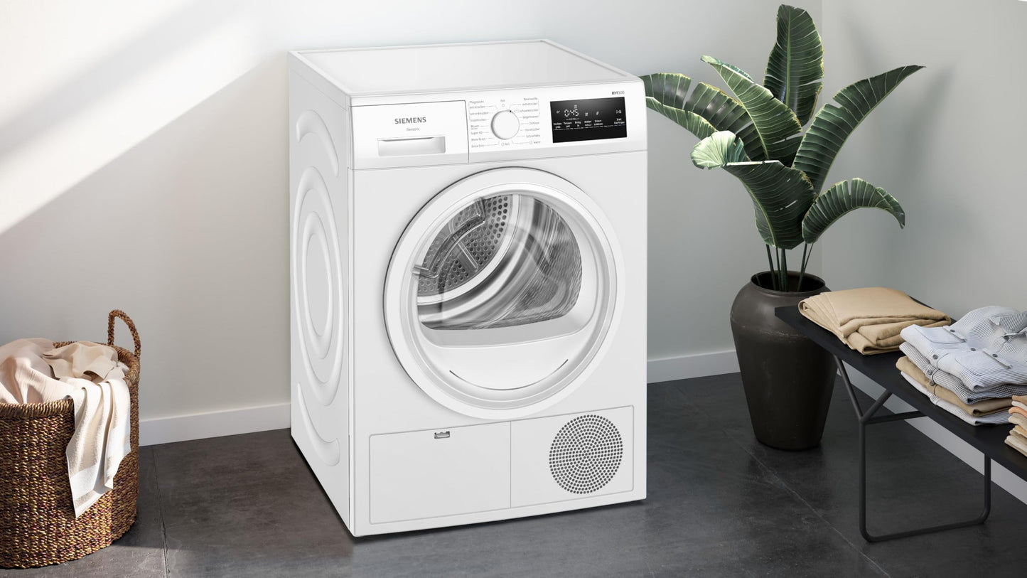 Siemens WT45HV0EM iQ300 Heat Pump Dryer, 8 kg, autoDry, super40 Programme, 63 dB, Touch LED Display, SoftDry, Outdoor Program, EasyClean Filter, Child Lock, White