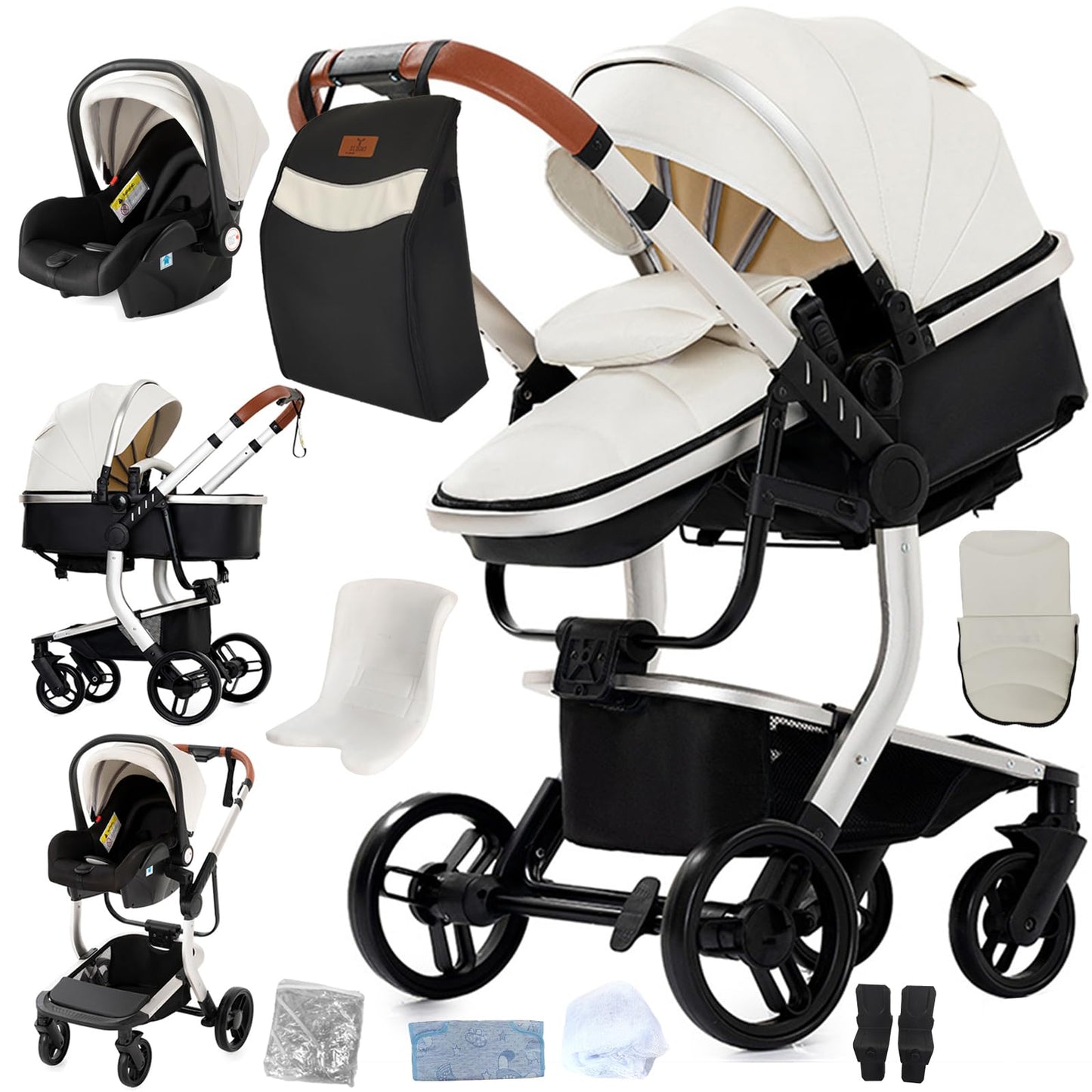Doraystar 360° Rotation PU Leather Pushchair 3-in-1 Combination Pushchair 3-in-1 with Two Reversible Sliding Modes, Pushchair Complete Set with One-Click Folding Design, Aluminium Alloy Frame (906
