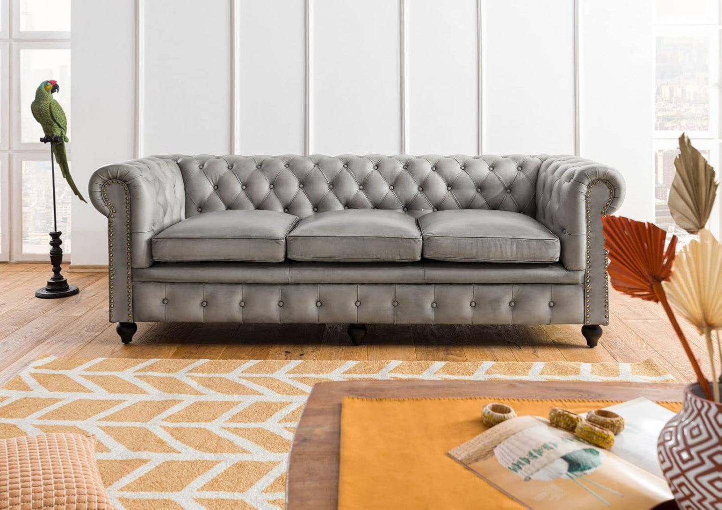 MASSIVMOEBEL24.DE Chesterfield #103 3-Seater Sofa Real Leather 218 x 82 x 76 cm Brown