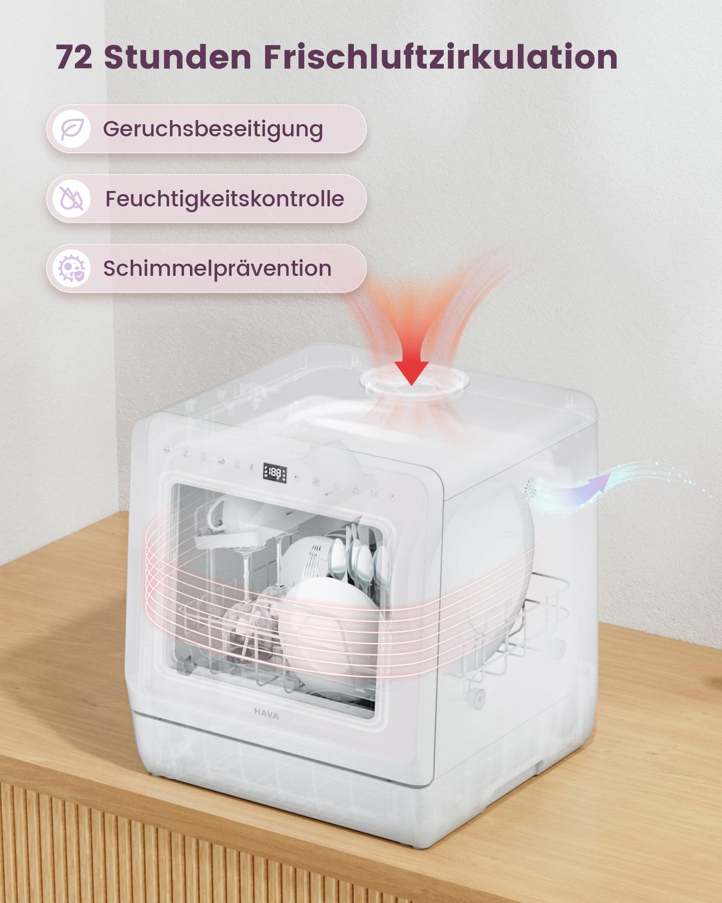 HAVA Dishwasher with Water Softener and Increased Energy Efficiency, Dishwasher with 8 Programmes, Child Lock & Delayed Start, No Installation Required