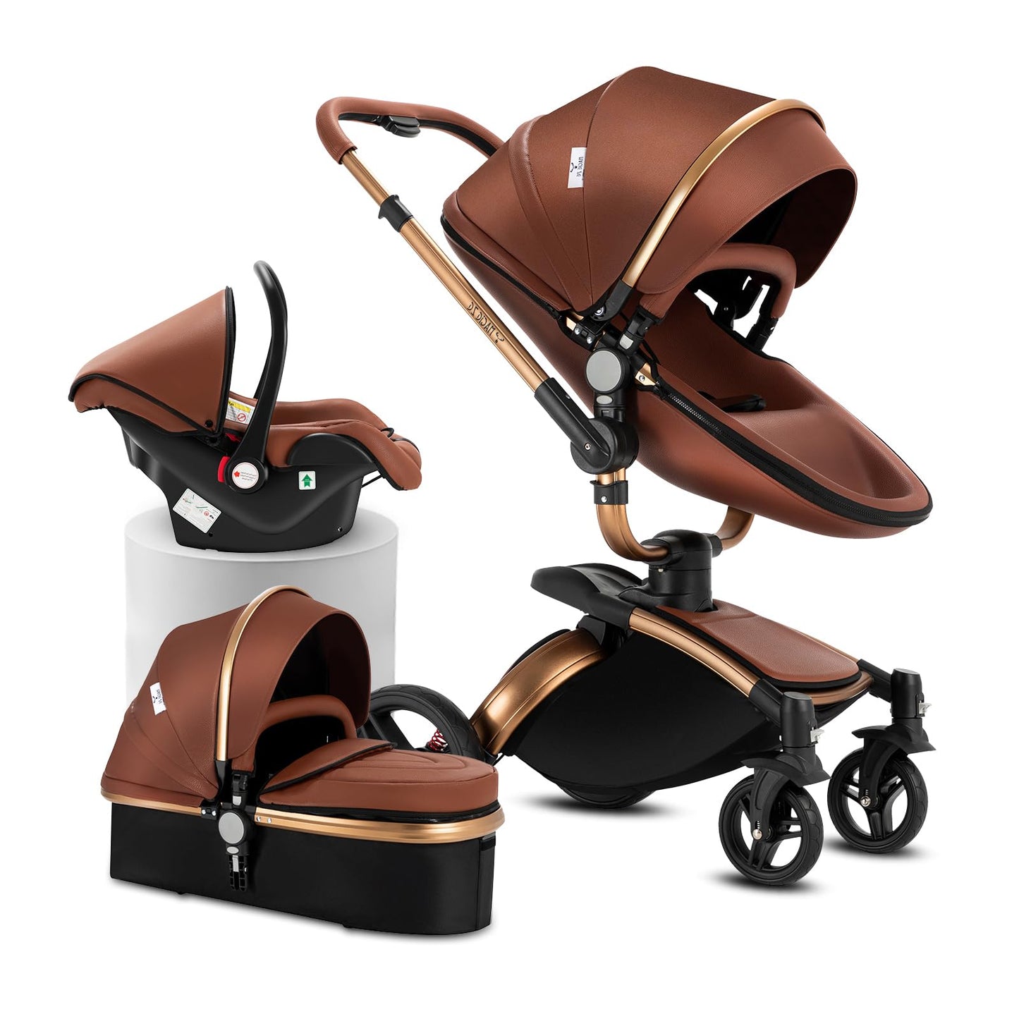 PU Leather Pushchair 3-in-1, Buggy with One-Click Folding Design, Pushchair with Two Reversible Sliding Modes, Combination Pushchair 3-in-1 Complete Set Frame Aluminium Alloy (518 Black)