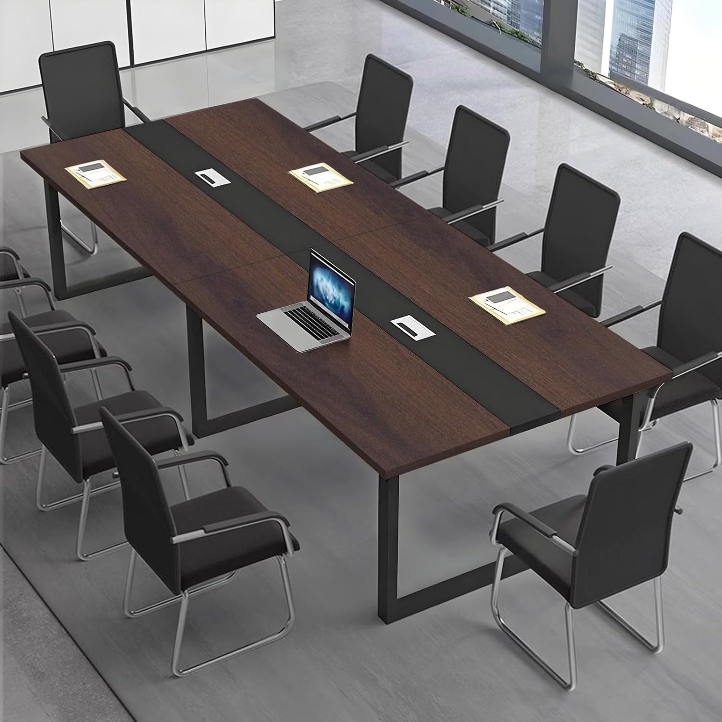 Large Conference Table, Modern Meeting Table with Cable Channel and Black Metal Frame for 8-12 People, Rectangular Seminar Table for Office, Conference Room