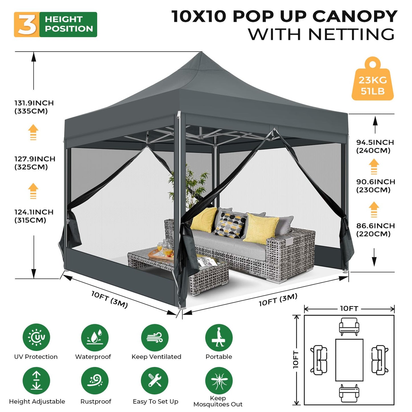 COBIZI Folding Gazebo 3 x 3 m Gazebo 3 x 3 m Waterproof Stable Party Tent Foldable with 4 Side Walls Mosquito Net Pop Up Garden Gazebo Anti-UV for Garden, Grey