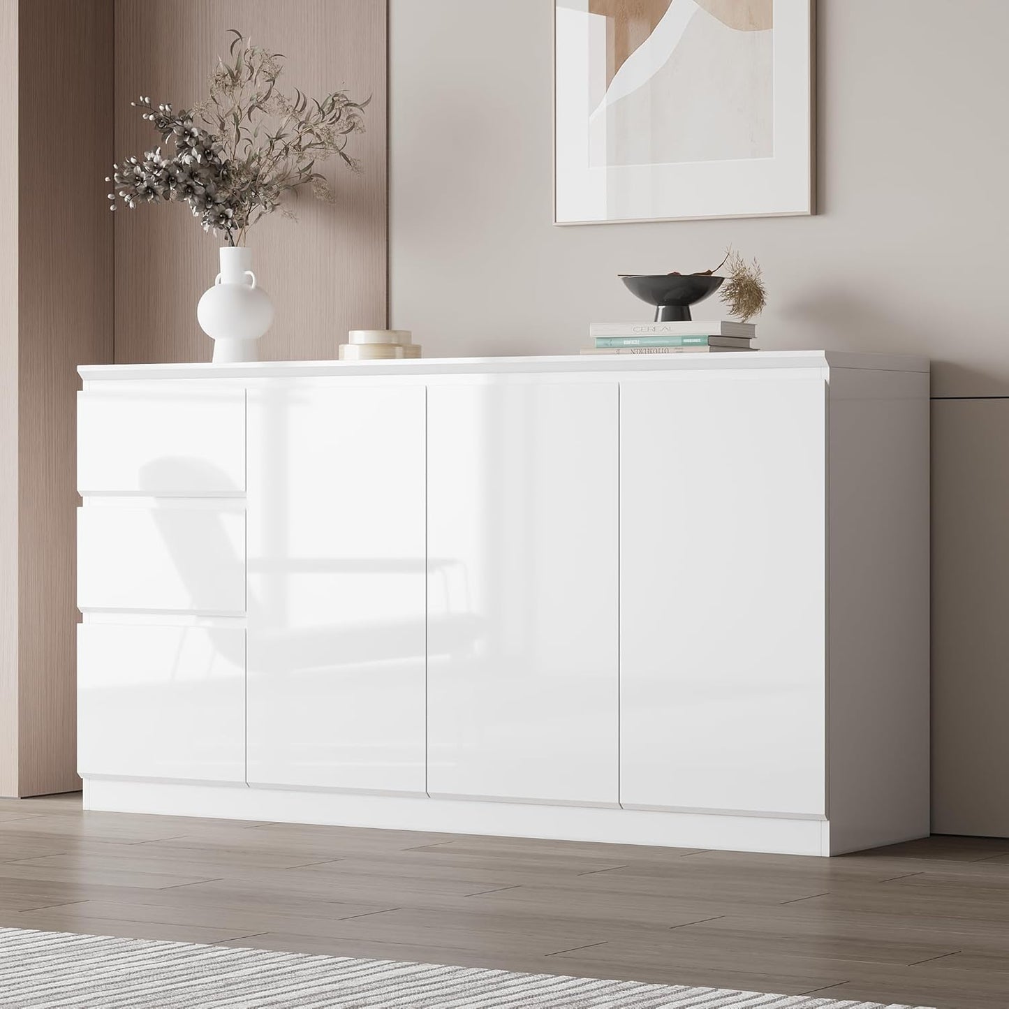 Caldion Kitchen Sideboard, Kitchen Cabinet, 3 Drawers and 3 Doors, Glossy, for Kitchen, Storage Cabinet with Doors, Entrance Area, Living Room, 155 x 40 x 83 cm, White