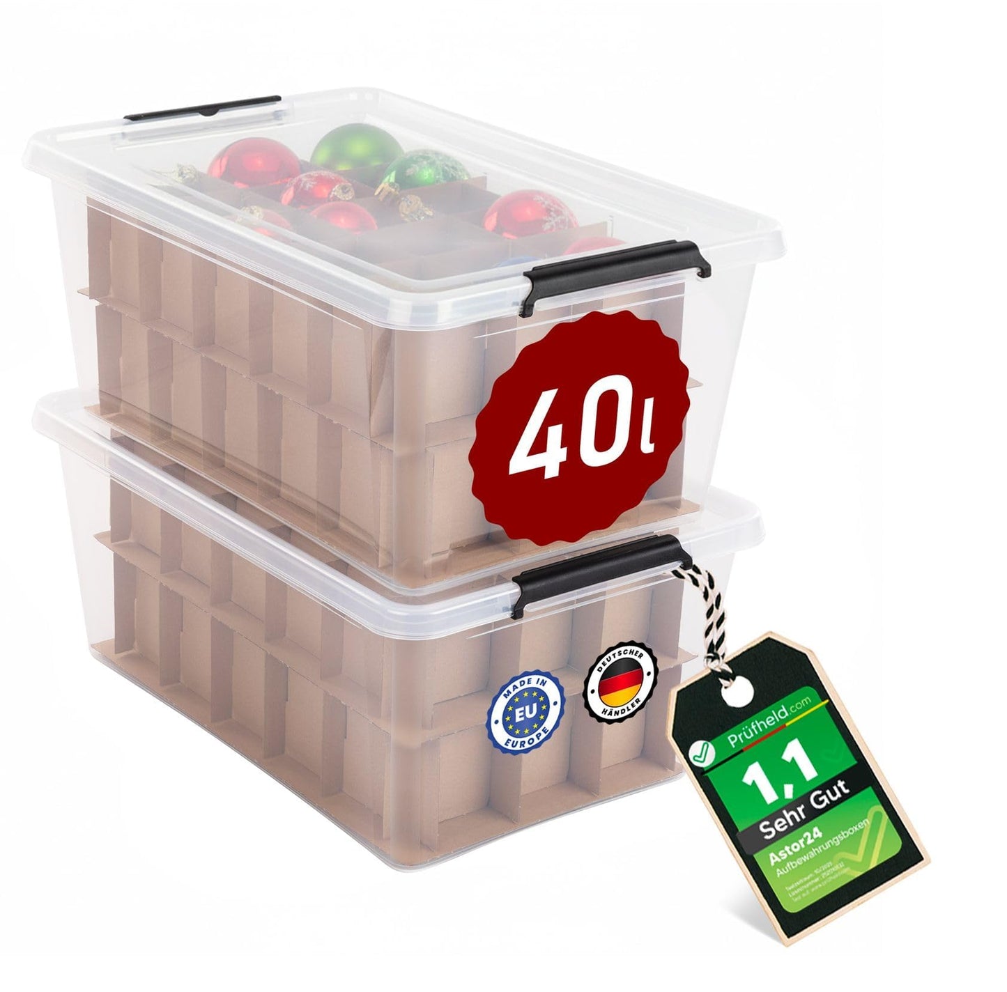astor24 Storage Box with Lid - Transparent Organiser 40 L - Food Safe - Stackable. Ideal for Office, Children's Room, Clothes Boxes - Kitchen - Workshop