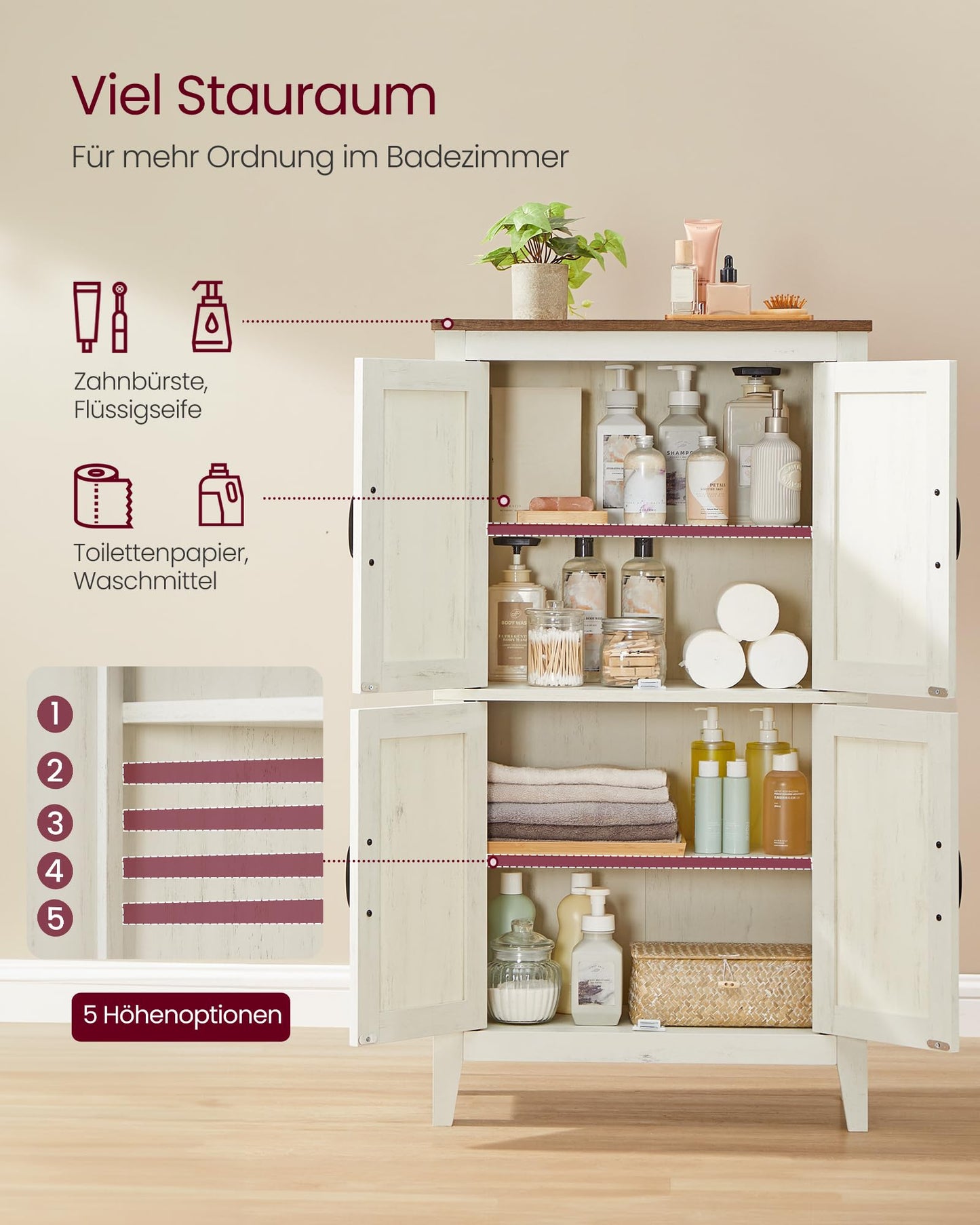 VASAGLE LIRY Kollektion - Aufbewahrungsschrank im Landhausstil, Badschrank mit Türen, freistehende Küchenschrank, verstellbare Ablagen, Esszimmer, Wohnzimmer, vintageweiß BBK773W01