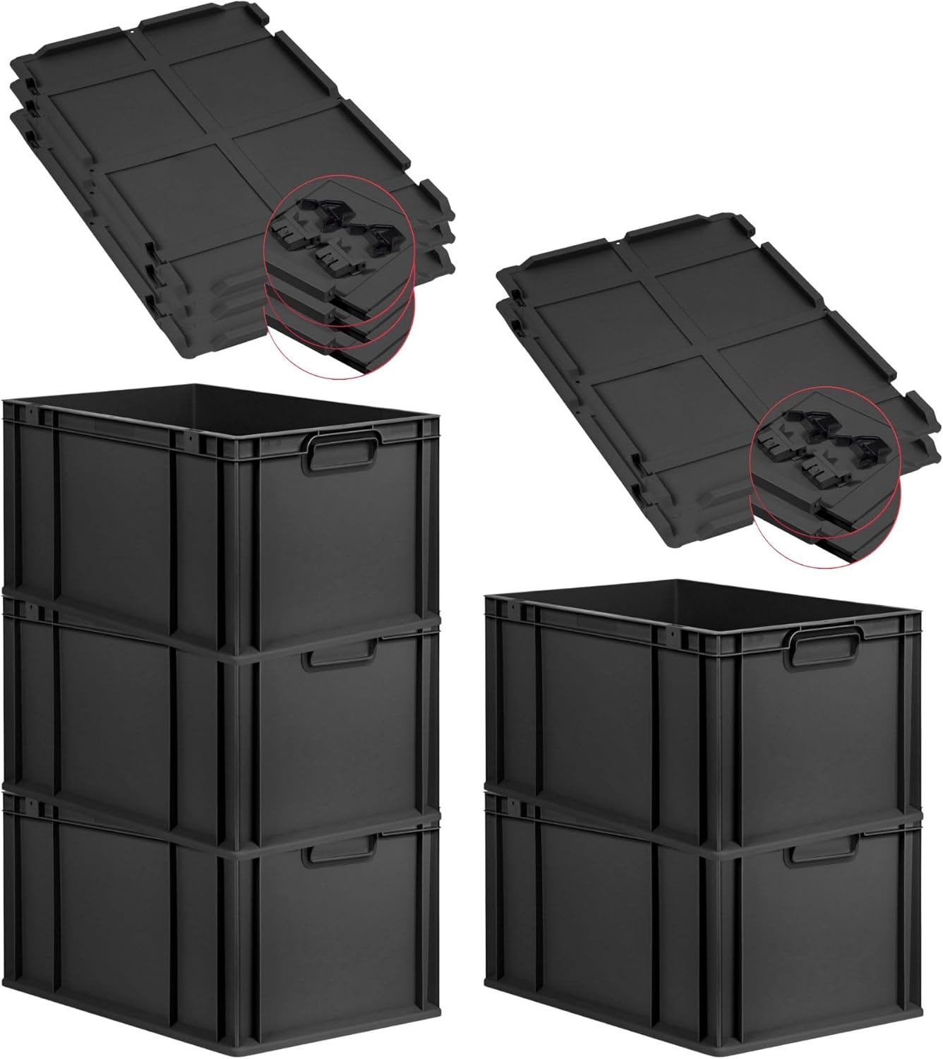 PROREGAL SuperSparSet 3 x Eurobox NextGen Grip with Lid and Yellow Clasps, H x W x D 32 x 40 x 60 cm, 65 Litres, Open Handles, Reinforced Base, Euro Container, Transport Box