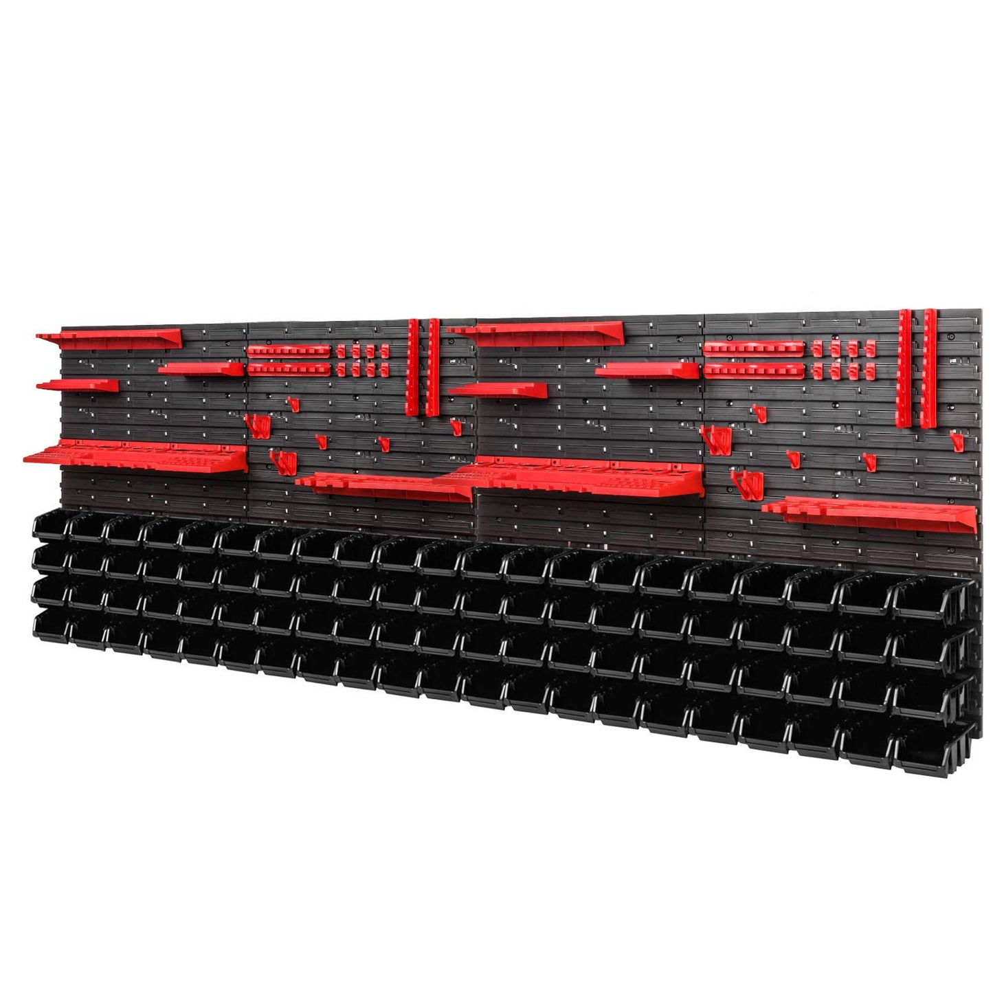 PAFEN Tool Wall Storage System 2308 x 780 mm - Set Tool Holders and 84 Pieces Black Stacking Boxes - Wall Shelf Workshop Shelf Perforated Wall Pour Rack Display Storage Boxes